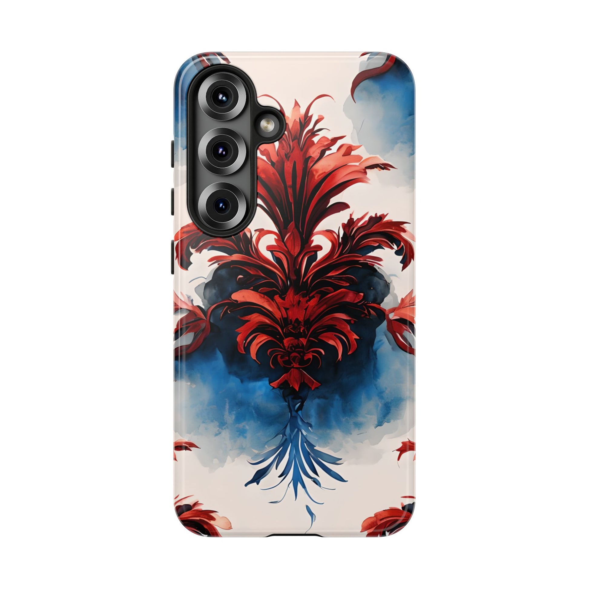 Crimson Plume - Bold Artistic Feather Samsung Galaxy S25 Tough Phone Case - Dramatic Red & Blue Design