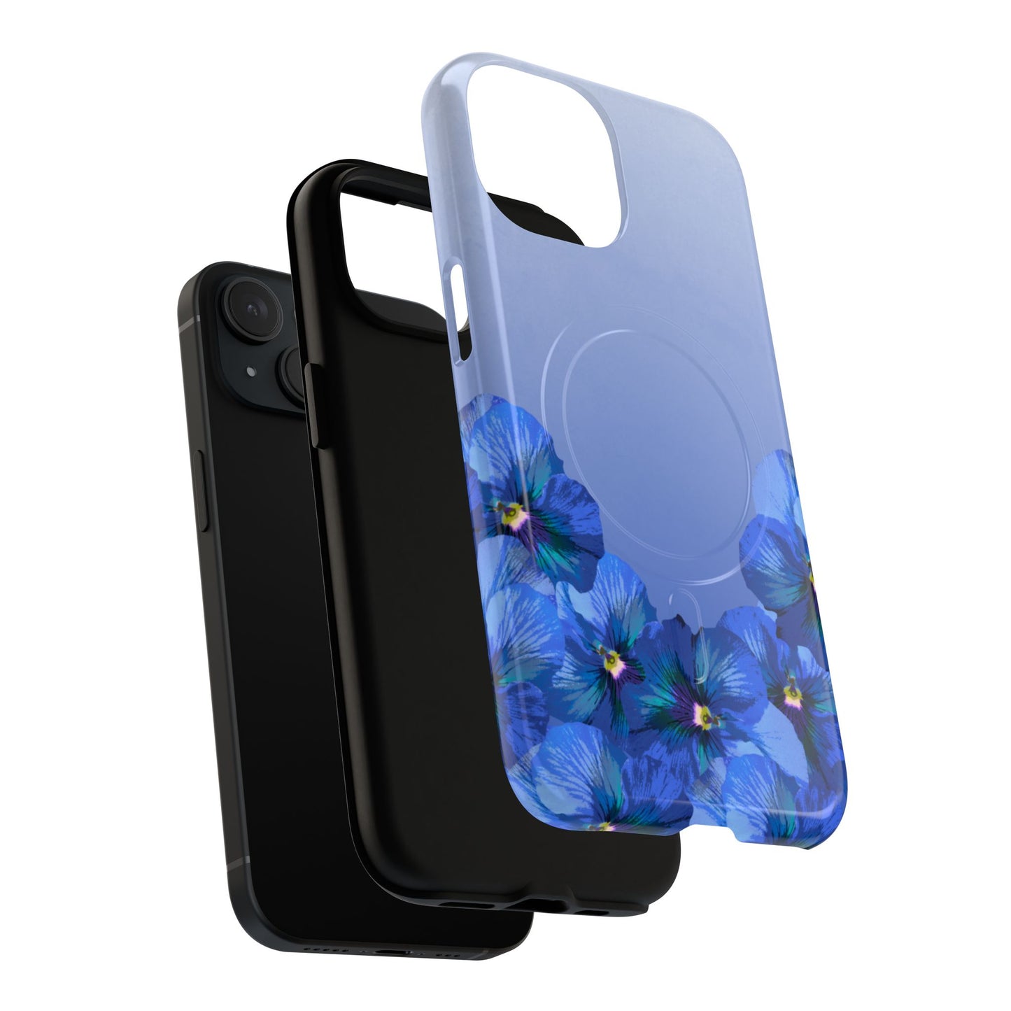 Blue Pansy Floral Gradient iPhone MagSafe case exploded view showing dual layer protection.
