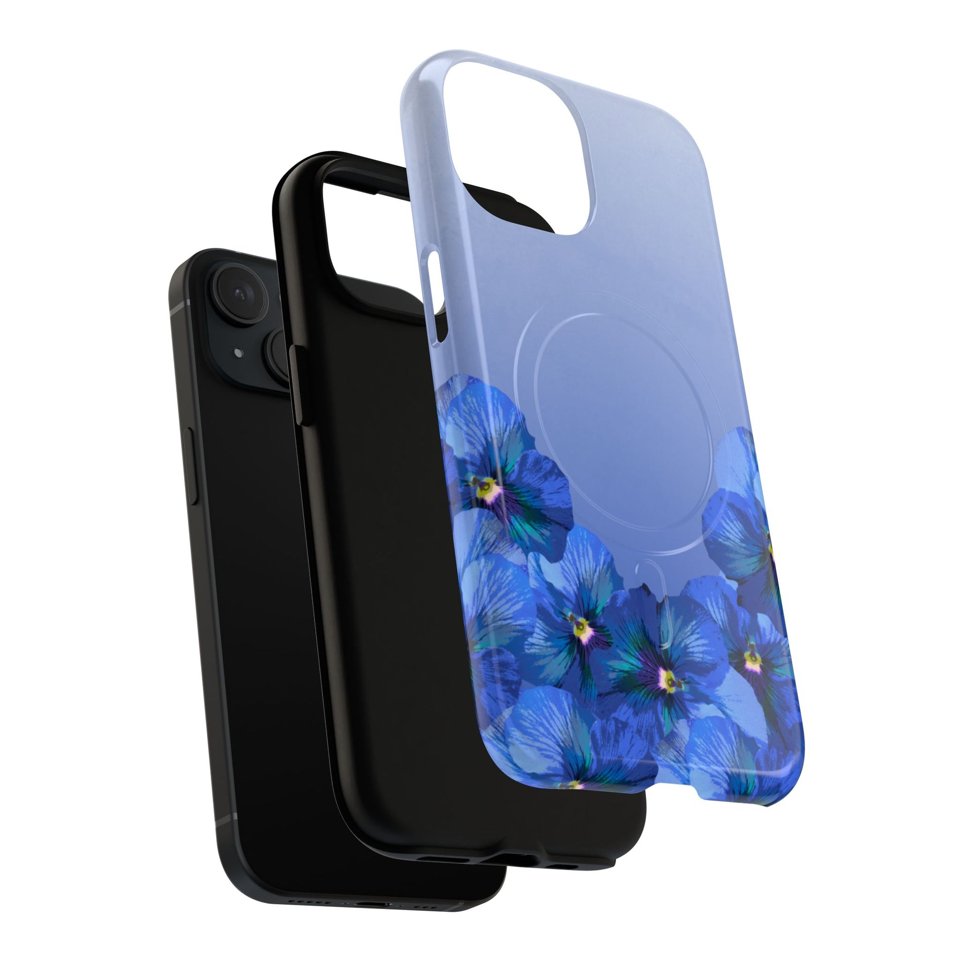 Blue Pansy Floral Gradient iPhone MagSafe case exploded view showing dual layer protection.
