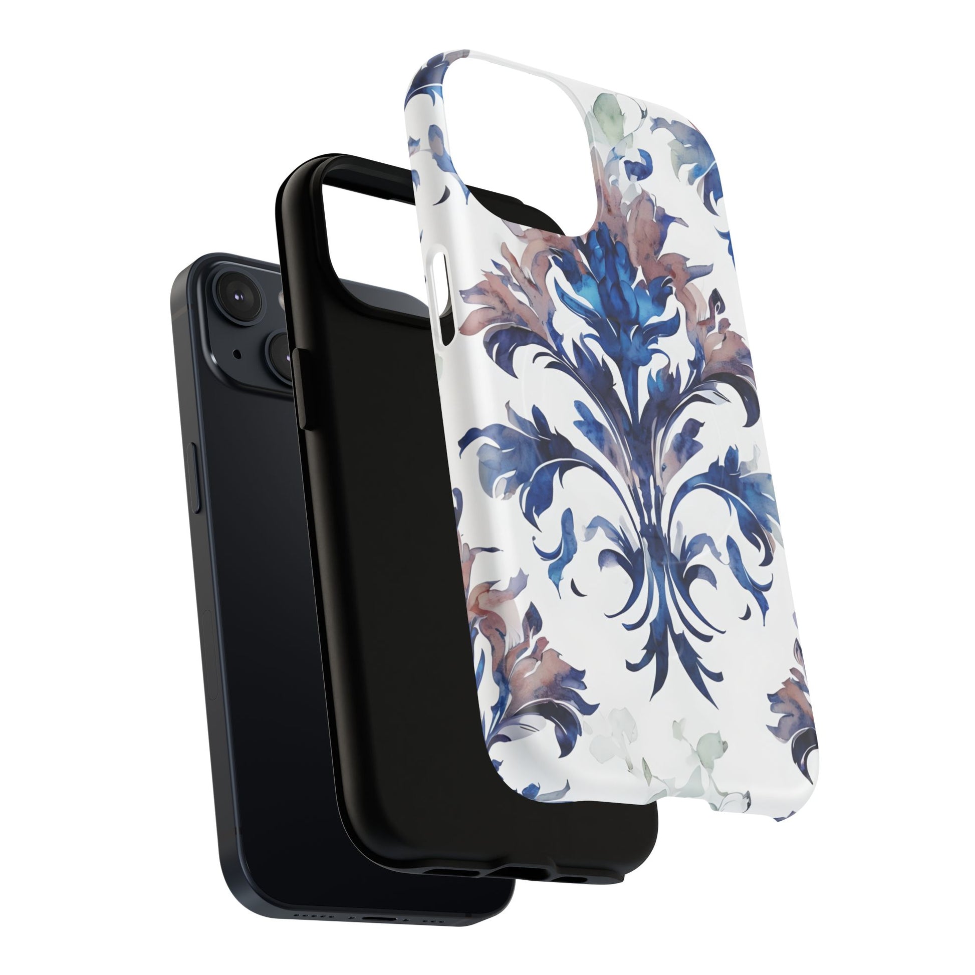 Delft Reverie - Elegant Blue & White iPhone 14 MagSafe Phone Case - Dutch Delftware-Inspired Floral Design