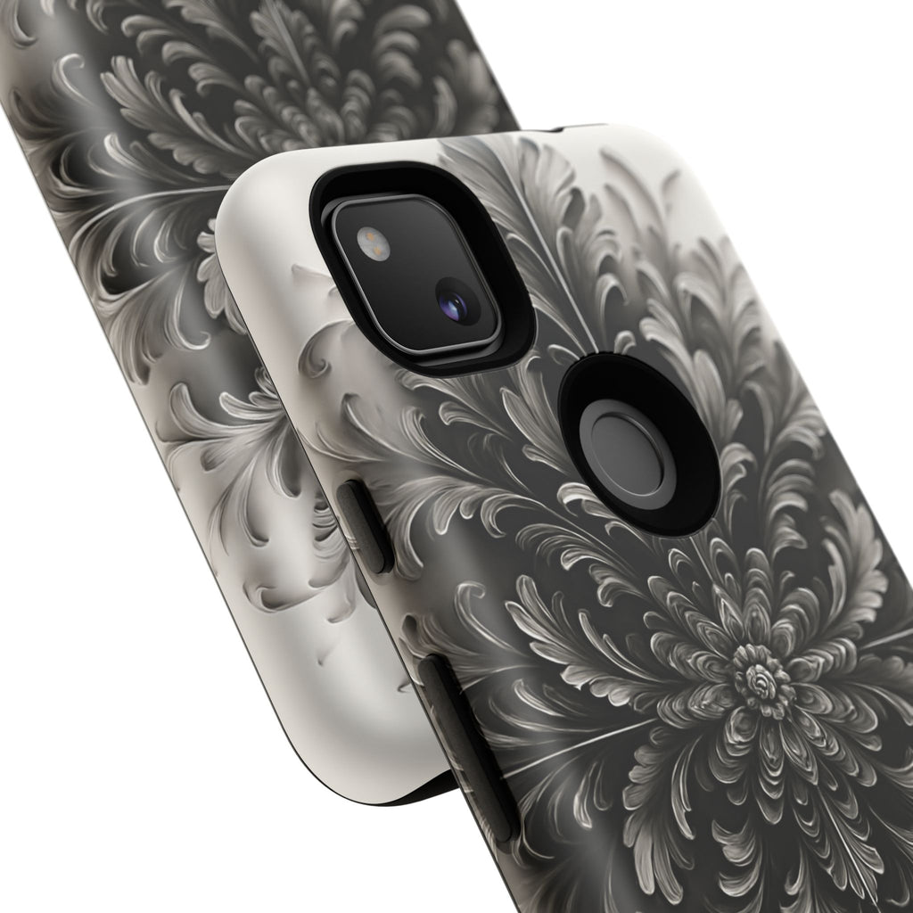 Obsidian Bloom - Elegant Black & White Google Pixel 4a Tough Phone Case - Intricate Mandala Flower Design