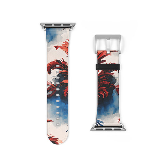 Crimson Plume Apple Watch band strap with silver clasp showing patriotic feather pattern in red, white and blue