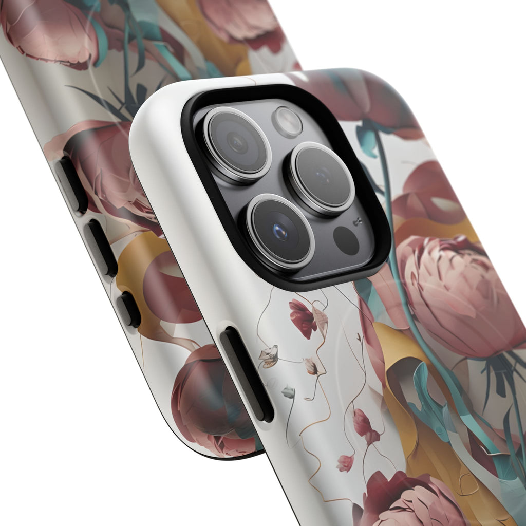 Blushing Peony Veil - Elegant Painterly Floral iPhone 15 Pro MagSafe Phone Case - Soft Blush & Teal Peony Design