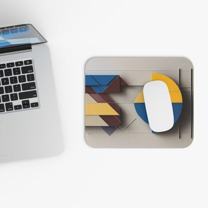 Chromatic Construct mouse pad beside laptop displaying abstract geometric design