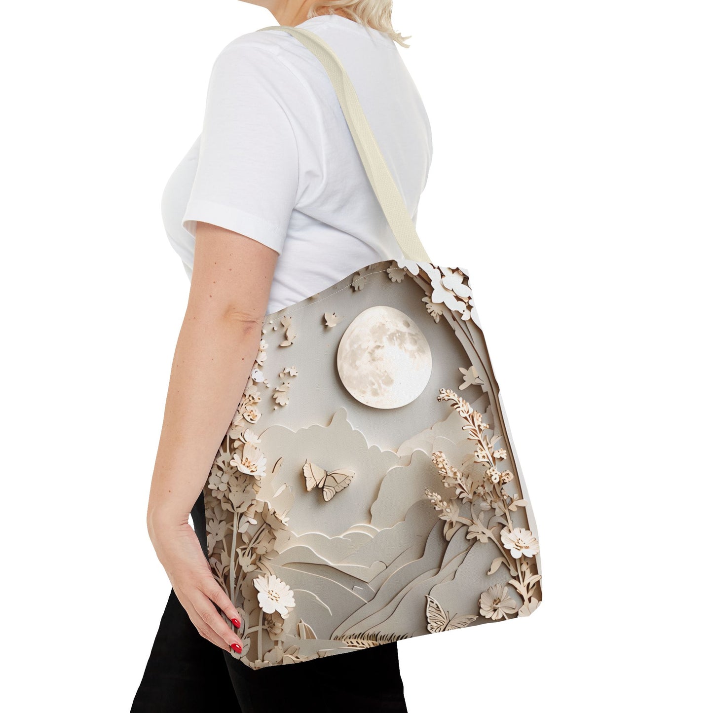 Moonlit Garden canvas tote bag worn over shoulder showing delicate botanical artwork