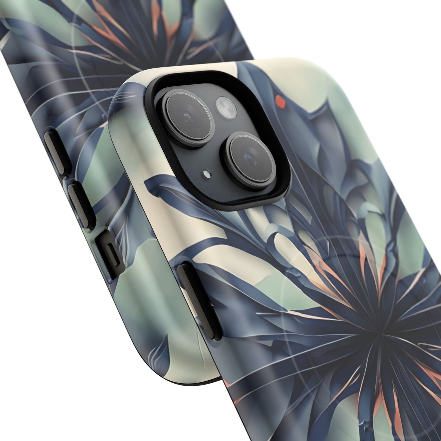Frosted Indigo Bloom iPhone MagSafe case angled view featuring a symmetrical abstract floral design in deep indigo and soft blue tones.