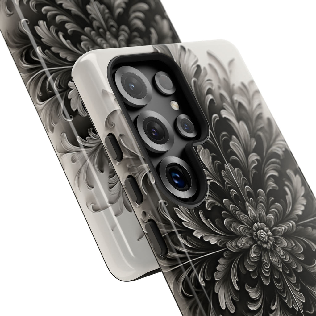 Obsidian Bloom - Elegant Black & White Samsung Galaxy S25 Ultra Tough Phone Case - Intricate Mandala Flower Design