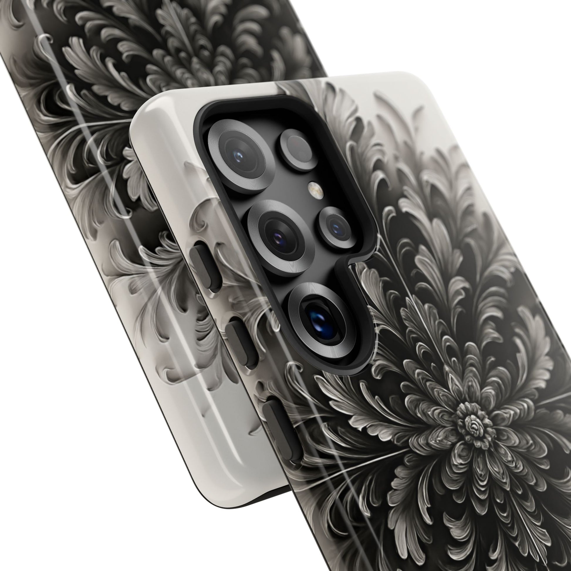 Obsidian Bloom - Elegant Black & White Samsung Galaxy S25 Ultra Tough Phone Case - Intricate Mandala Flower Design