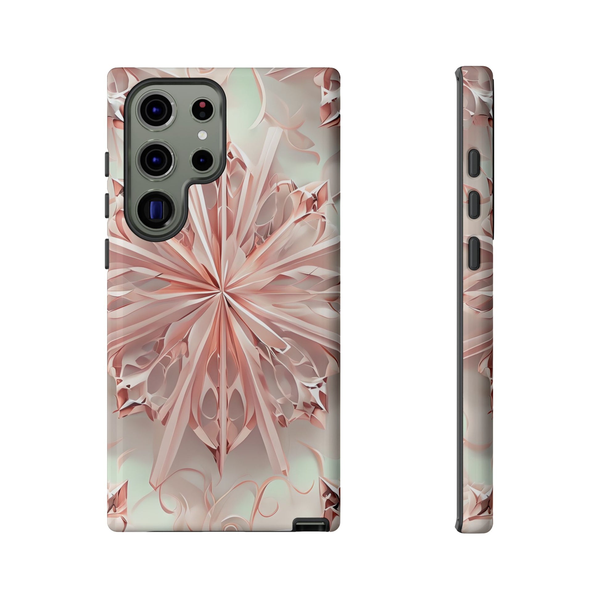 Blush Frost soft pink floral burst wraparound Samsung Galaxy phone case front and side view