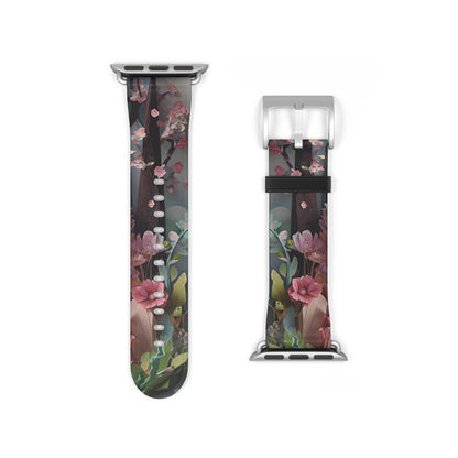 A Good Night’s Sleep Apple Watch band strap with silver clasp showing soft pink floral pattern on deep background