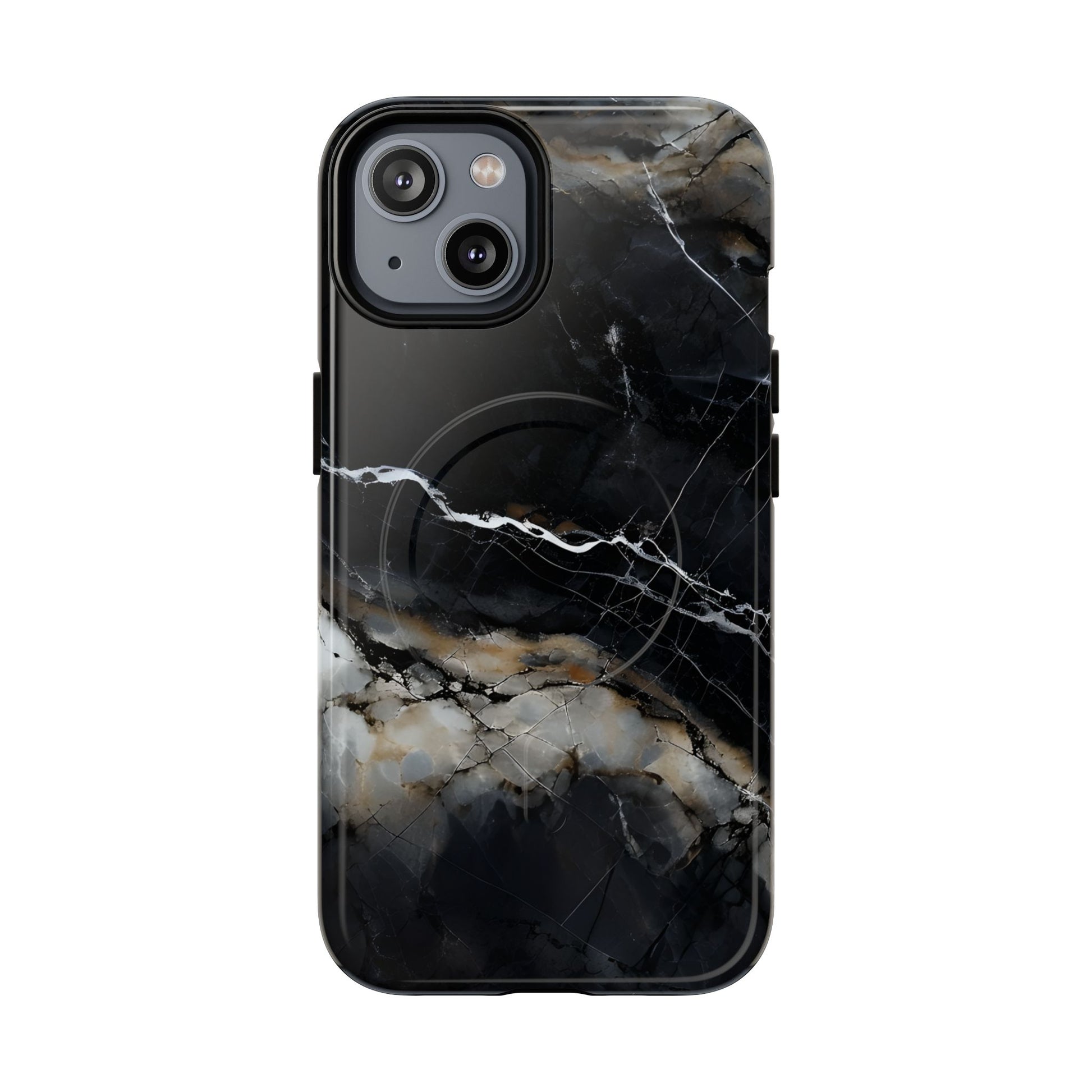 Obsidian Vein iPhone MagSafe case with black marble and gold veining design