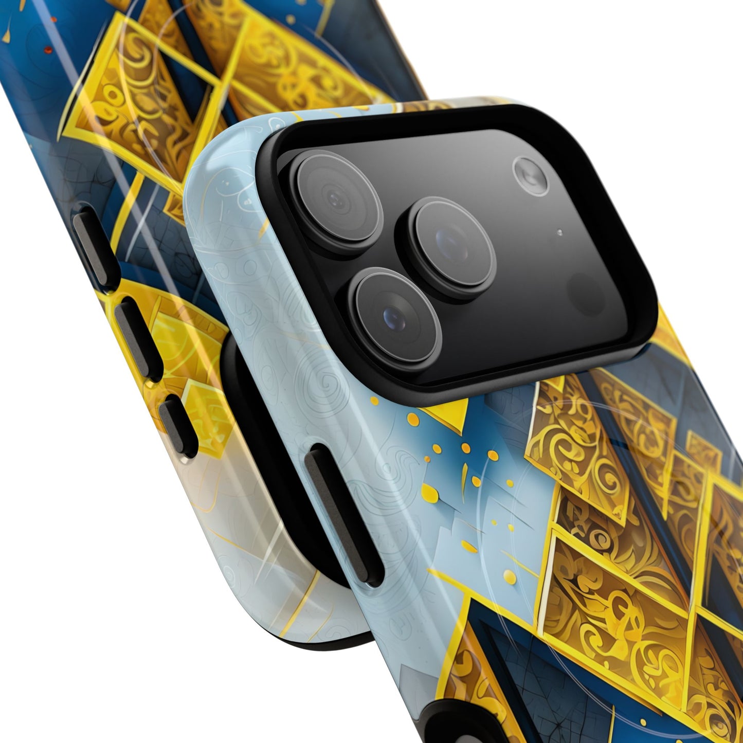 Golden Ascent abstract blue and gold geometric diamond lattice iPhone MagSafe case angled view large camera cutout
