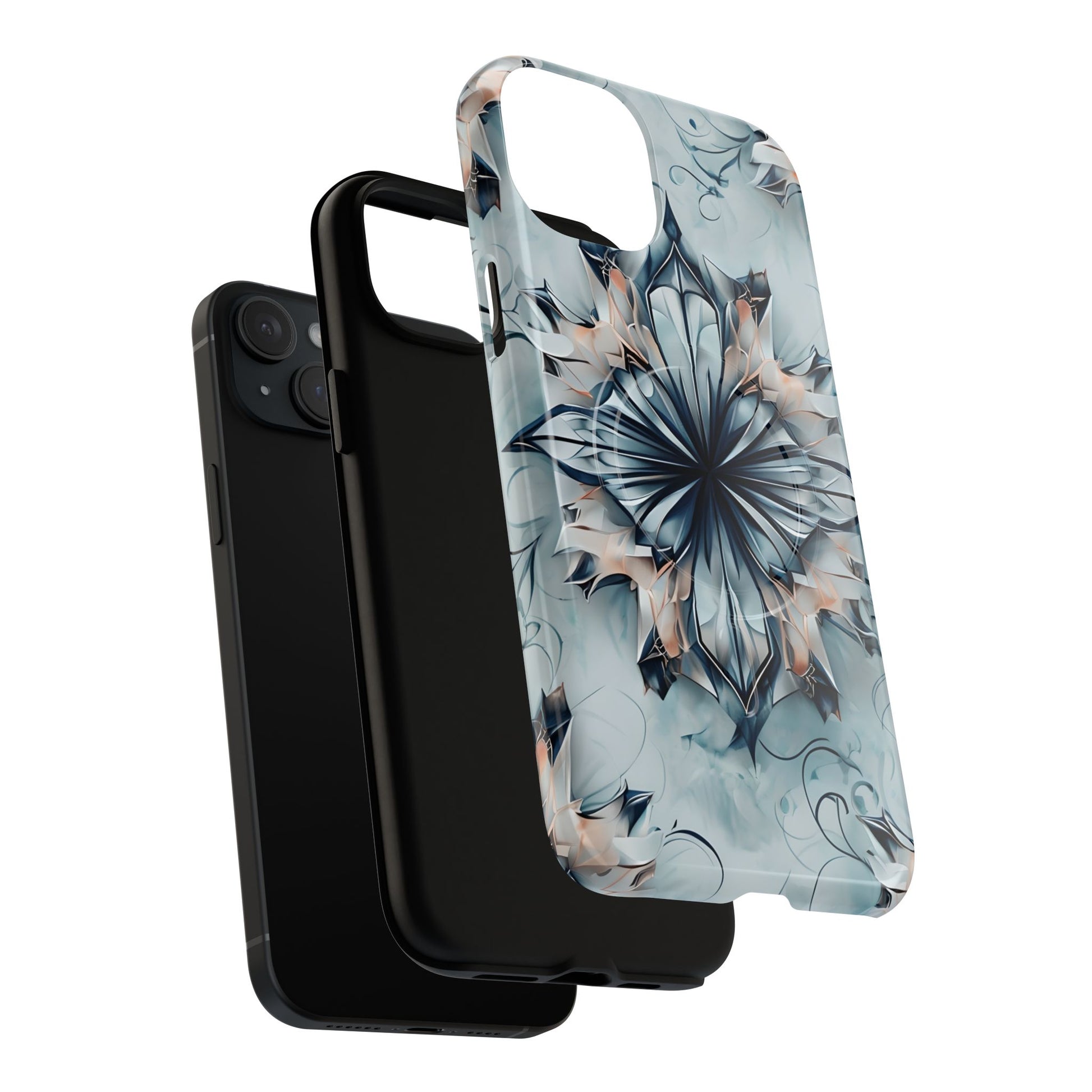 Indigo Mirage - Artistic Kaleidoscope Collection Artistic Floral - iPhone 15 Plus MagSafe Phone Case -Bold Indigo Symmetrical Design