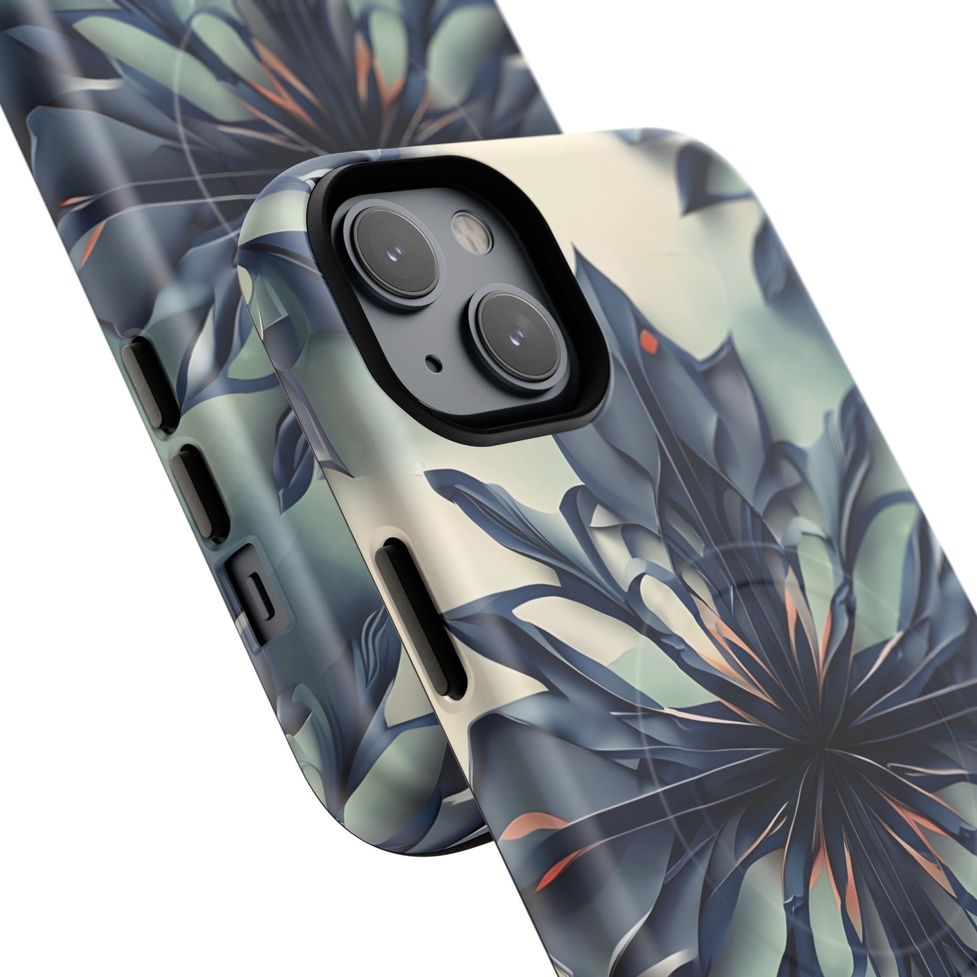 Frosted Indigo Bloom - Artistic Kaleidoscope Collection Artistic Floral - iPhone 14 Plus MagSafe Phone Case -Blue Symmetrical Design
