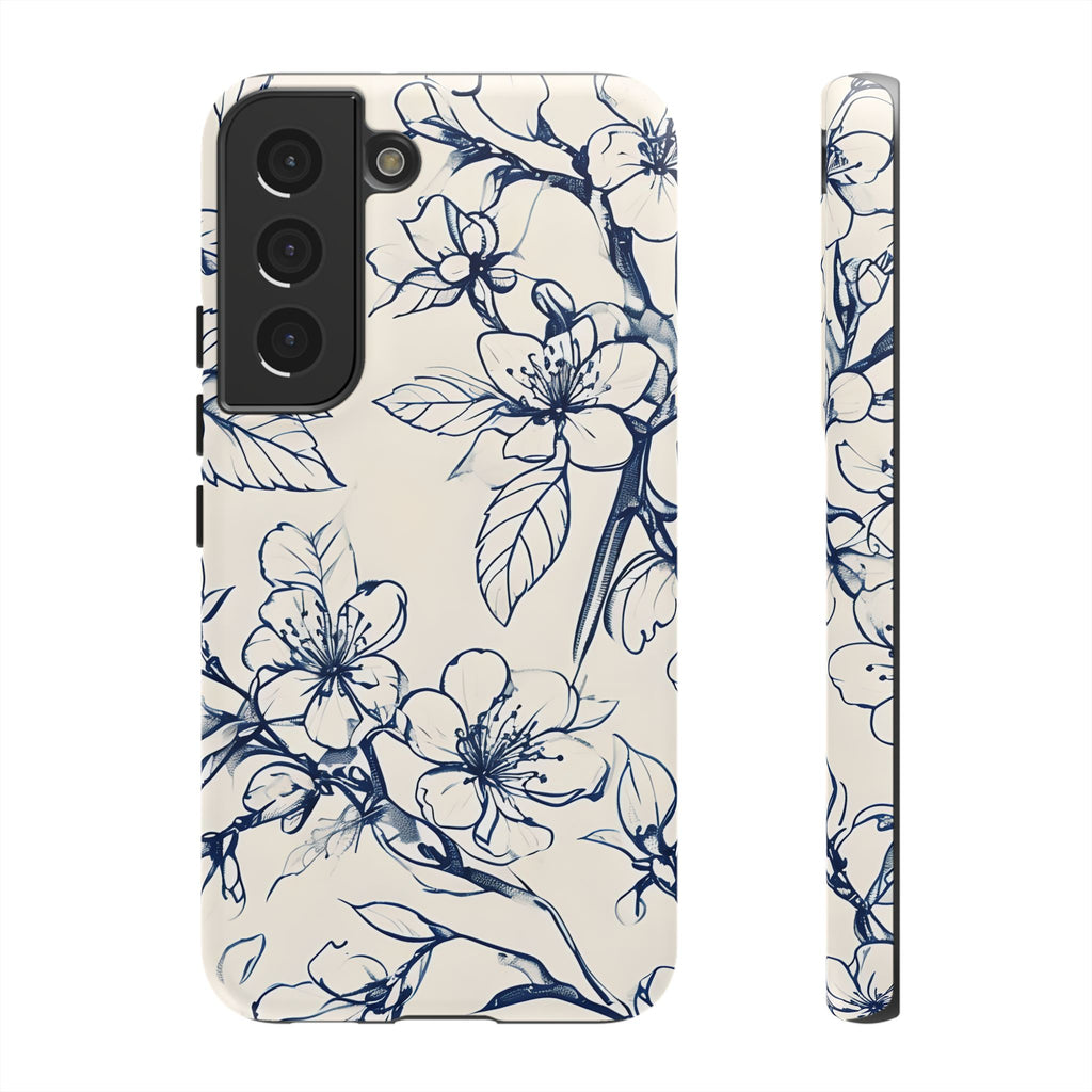 Blossom Sketch - Artistic Blue Floral Samsung Galaxy S22 Tough Phone Case - Hand-Drawn Botanical Design