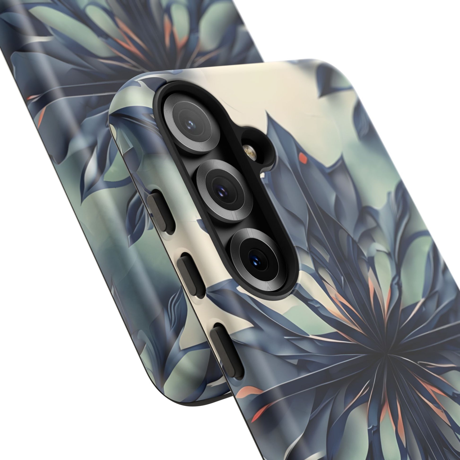 Frosted Indigo Bloom - Artistic Kaleidoscope Collection Artistic Floral - Samsung Galaxy S25 Tough Phone Case - Blue Symmetrical Design