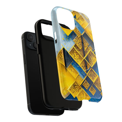 Golden Ascent shockproof dual layer iPhone MagSafe case with blue and gold geometric lattice design
