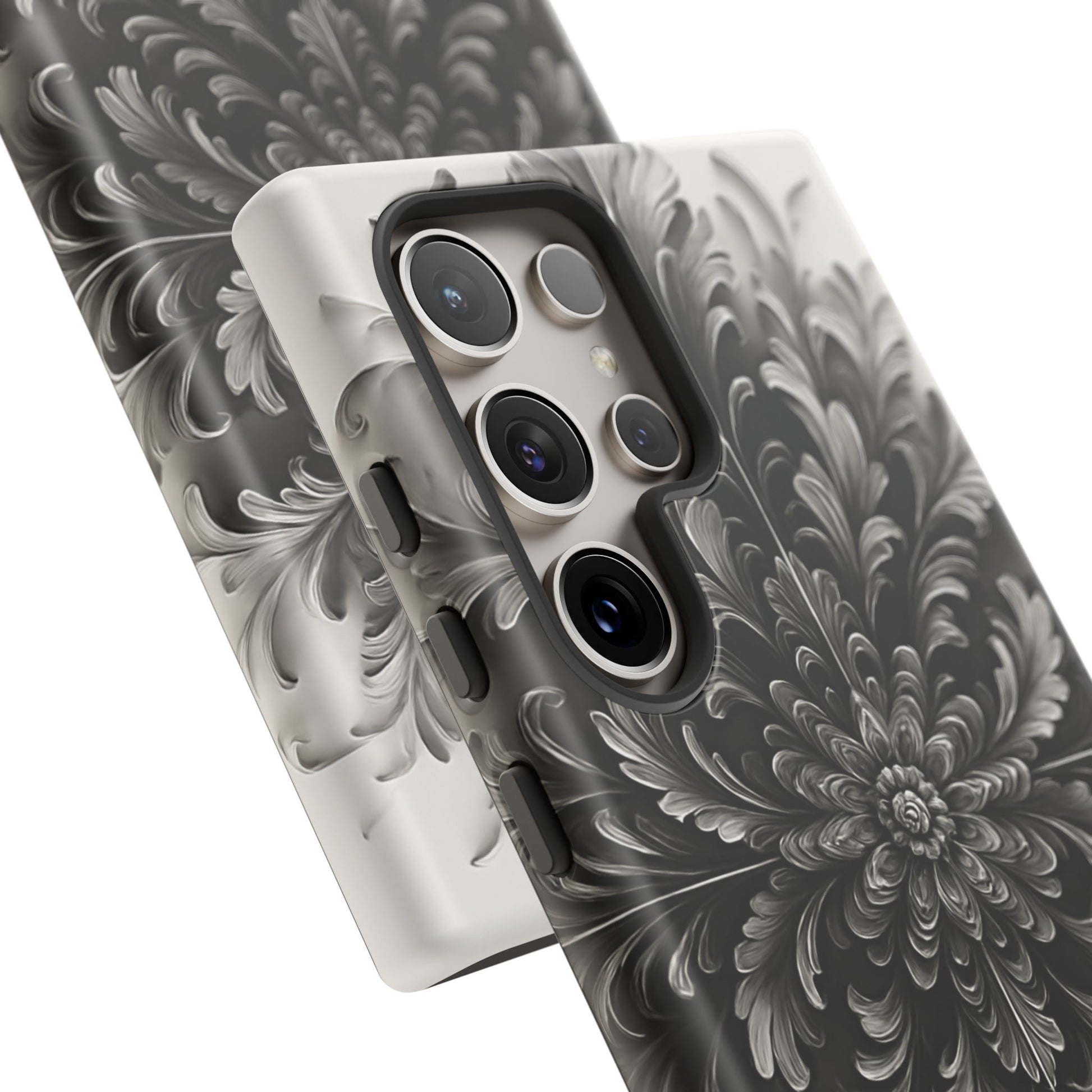 Obsidian Bloom - Elegant Black & White Samsung Galaxy S24 Ultra Tough Phone Case - Intricate Mandala Flower Design