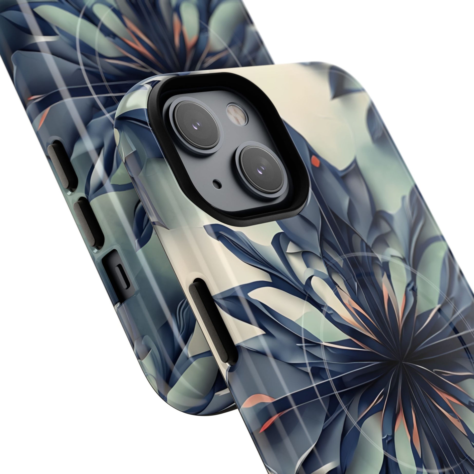 Frosted Indigo Bloom - Artistic Kaleidoscope Collection Artistic Floral - iPhone 14 MagSafe Phone Case -Blue Symmetrical Design