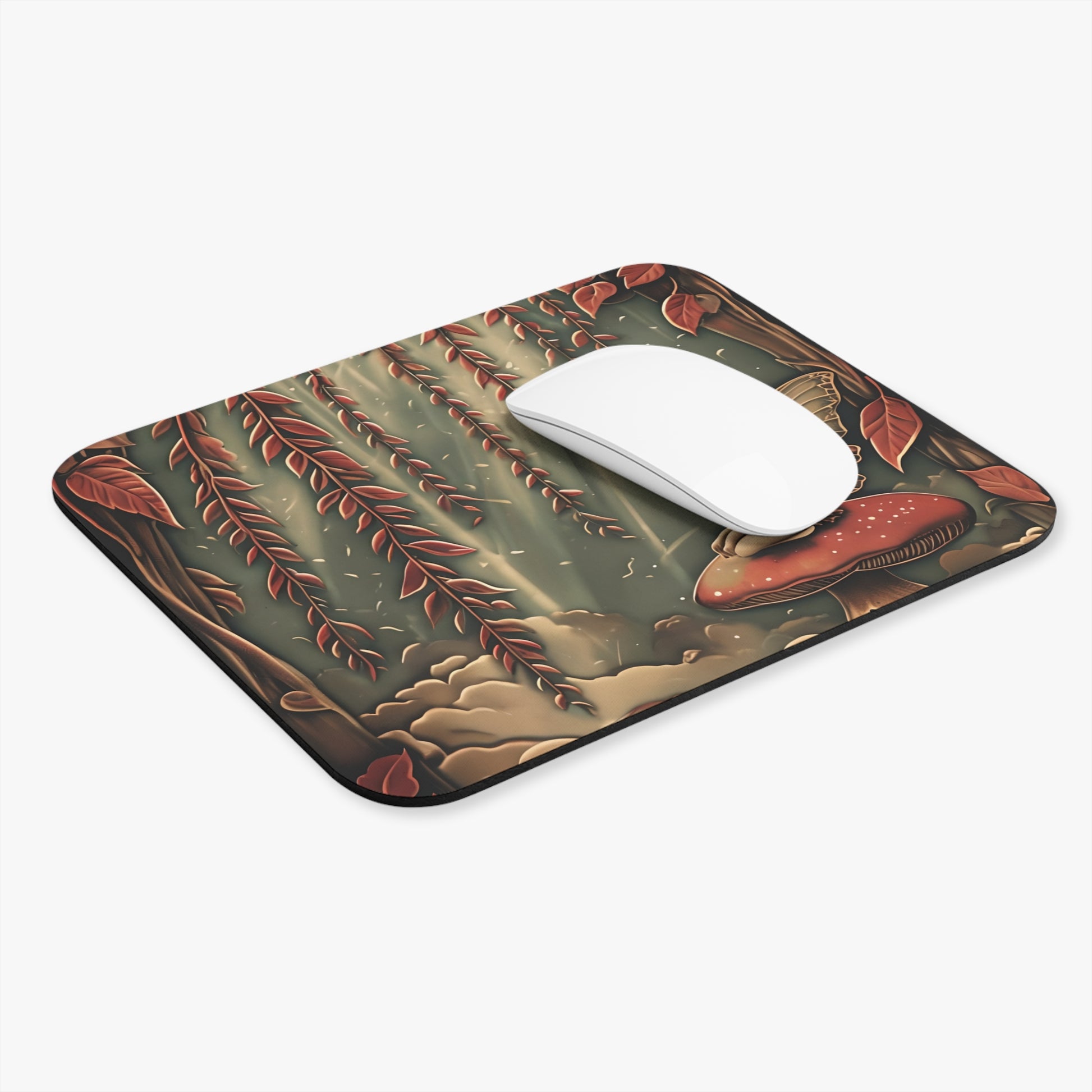 Willow Whisper mouse pad in workspace with mouse showing nature inspired woodland design