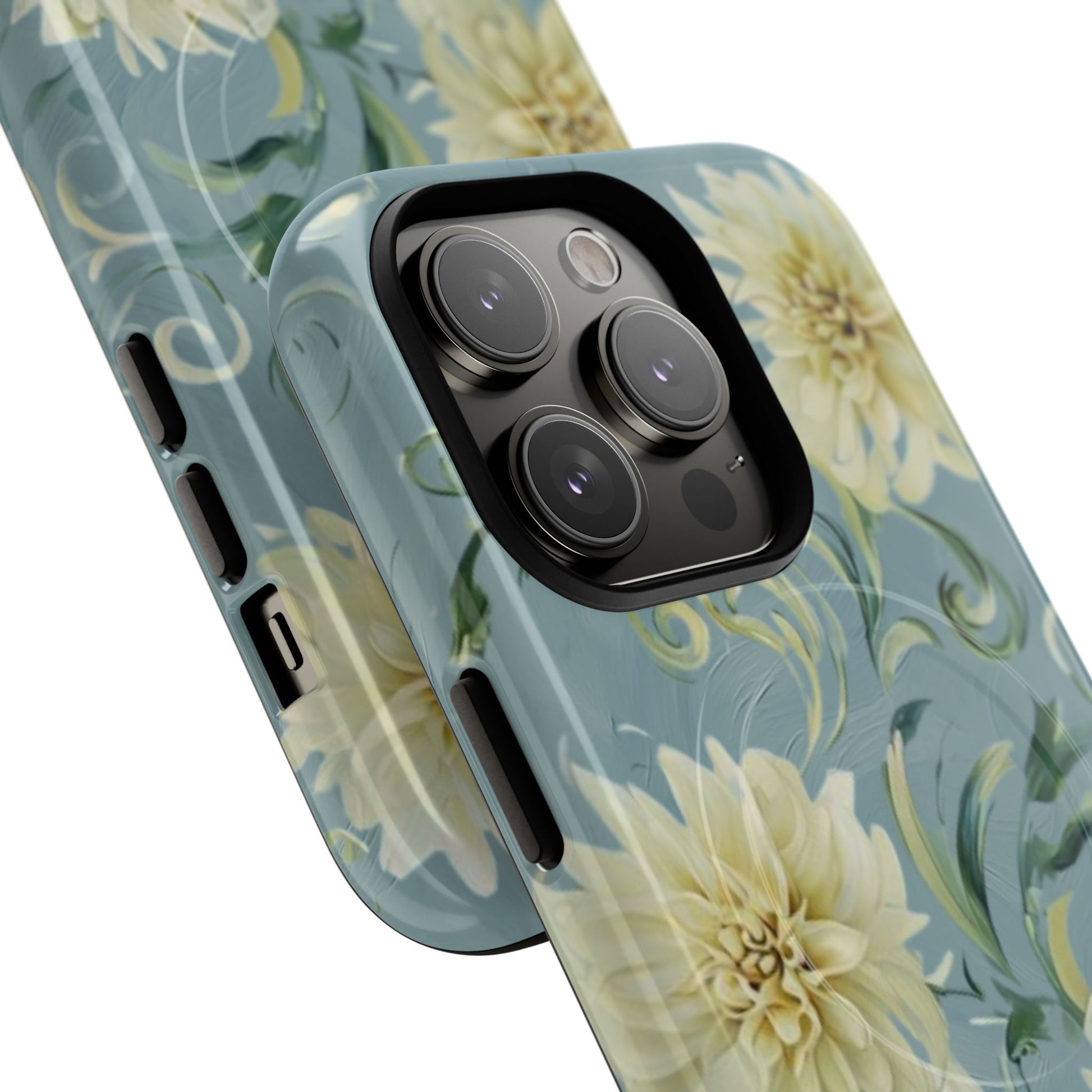 Golden Dahlia Trio - Elegant Floral iPhone 14 Pro MagSafe Phone Case - Artistic White & Blue Dahlia Design