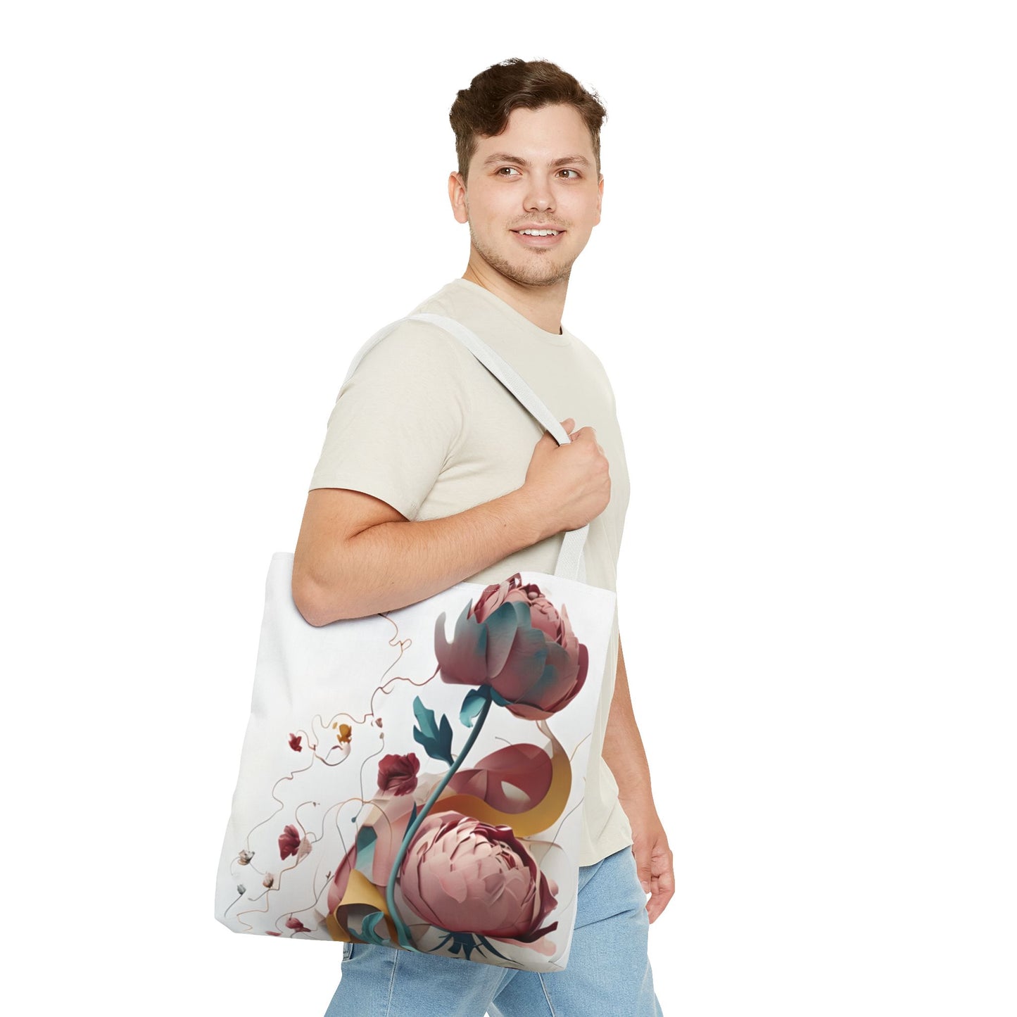 Blushing Peony Veil Tote (16x16 & 18x18)- Soft Romantic Florals on White Canvas, Reusable & Eco-Friendly