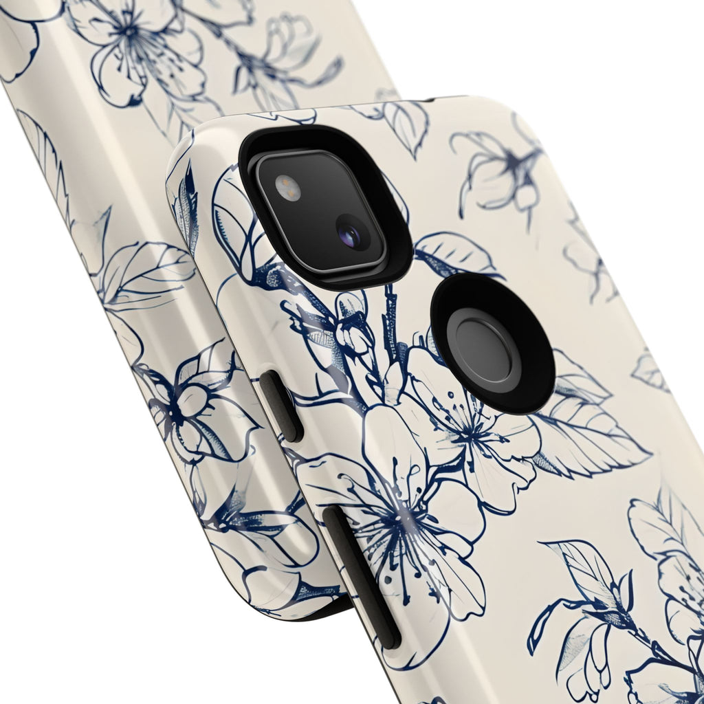 Blossom Sketch - Artistic Blue Floral Google Pixel 4a - Tough Phone Case - Hand-Drawn Botanical Design