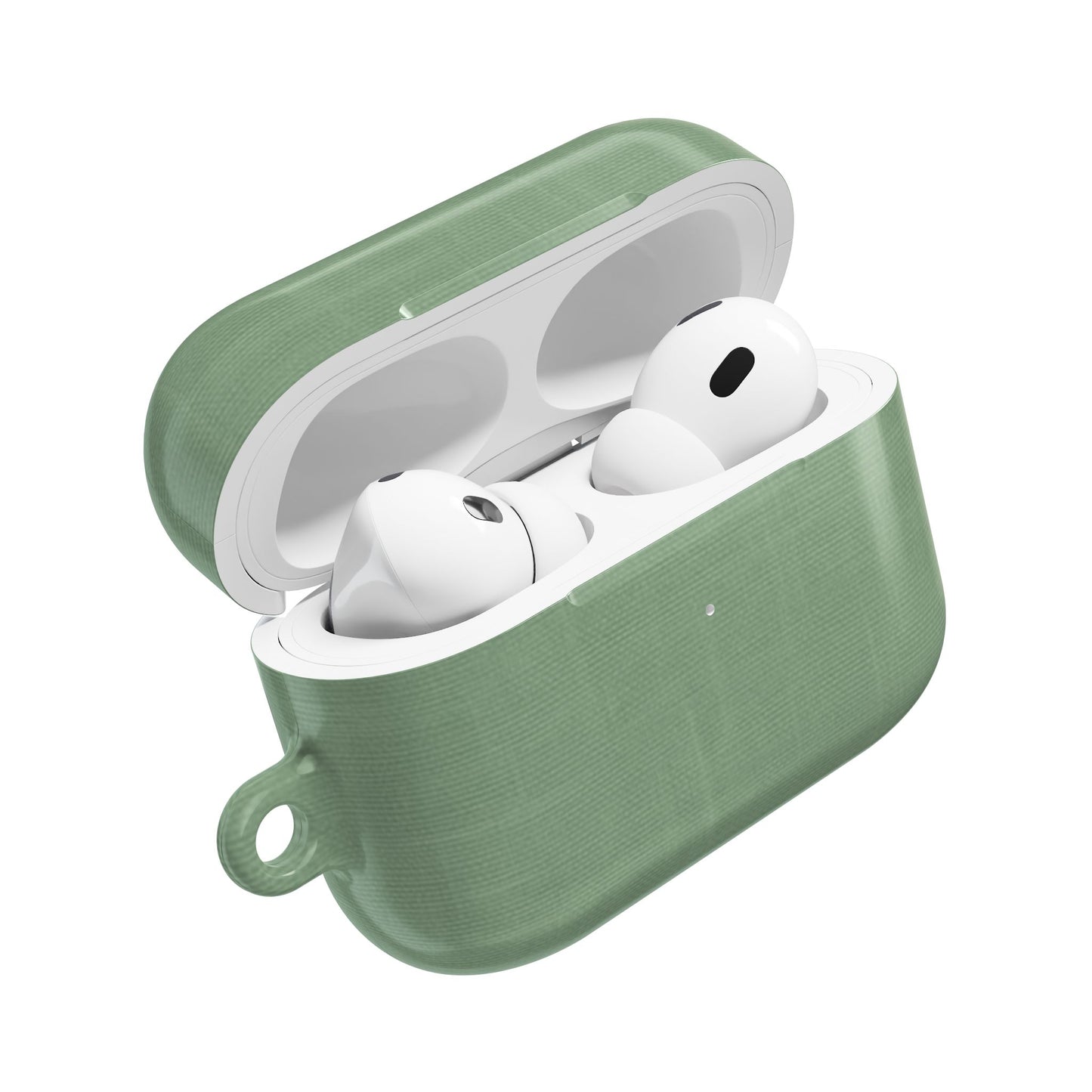 Sage Linen AirPods case open showing protective cover with sage green linen texture
