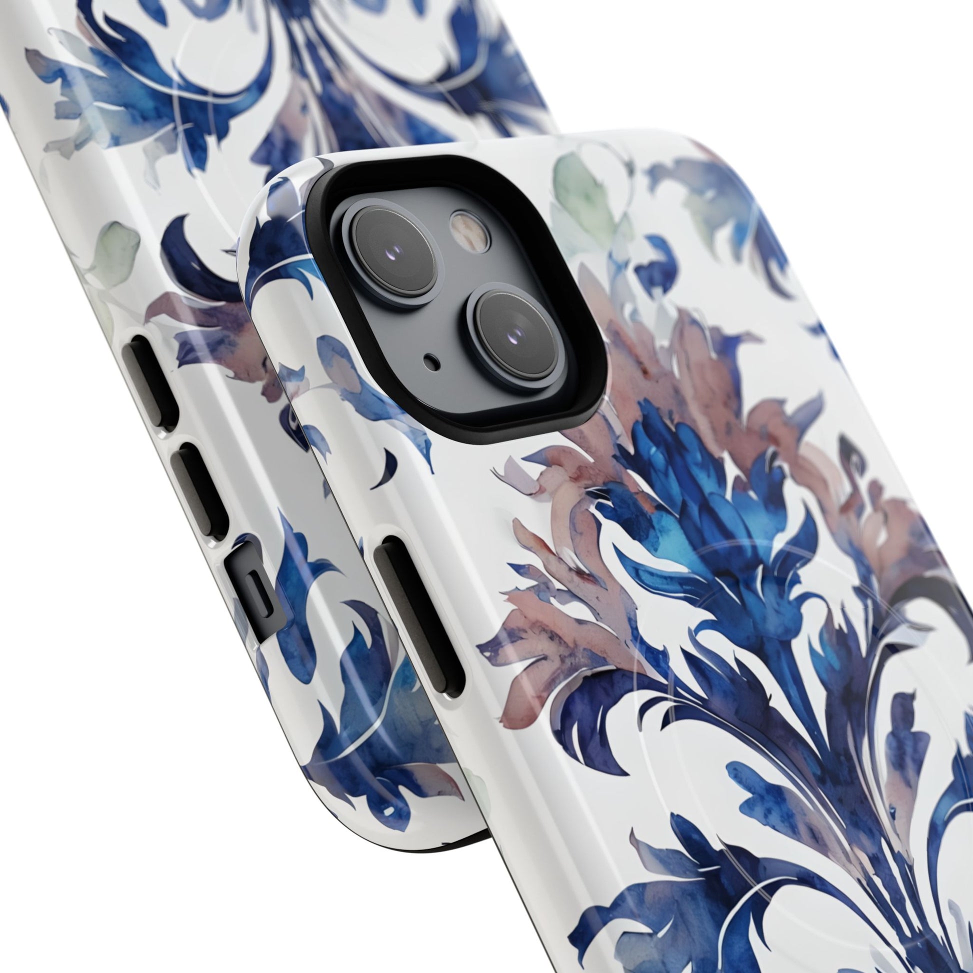 Delft Reverie - Elegant Blue & White iPhone 14 Plus MagSafe Phone Case - Dutch Delftware-Inspired Floral Design