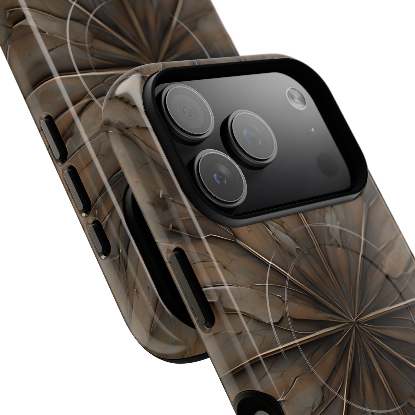 Angled view of Earthstone Mandala earthy geometric iPhone MagSafe protective case with large camera cutout