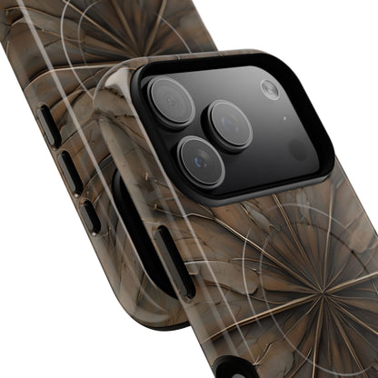 Angled view of Earthstone Mandala earthy geometric iPhone MagSafe protective case with large camera cutout