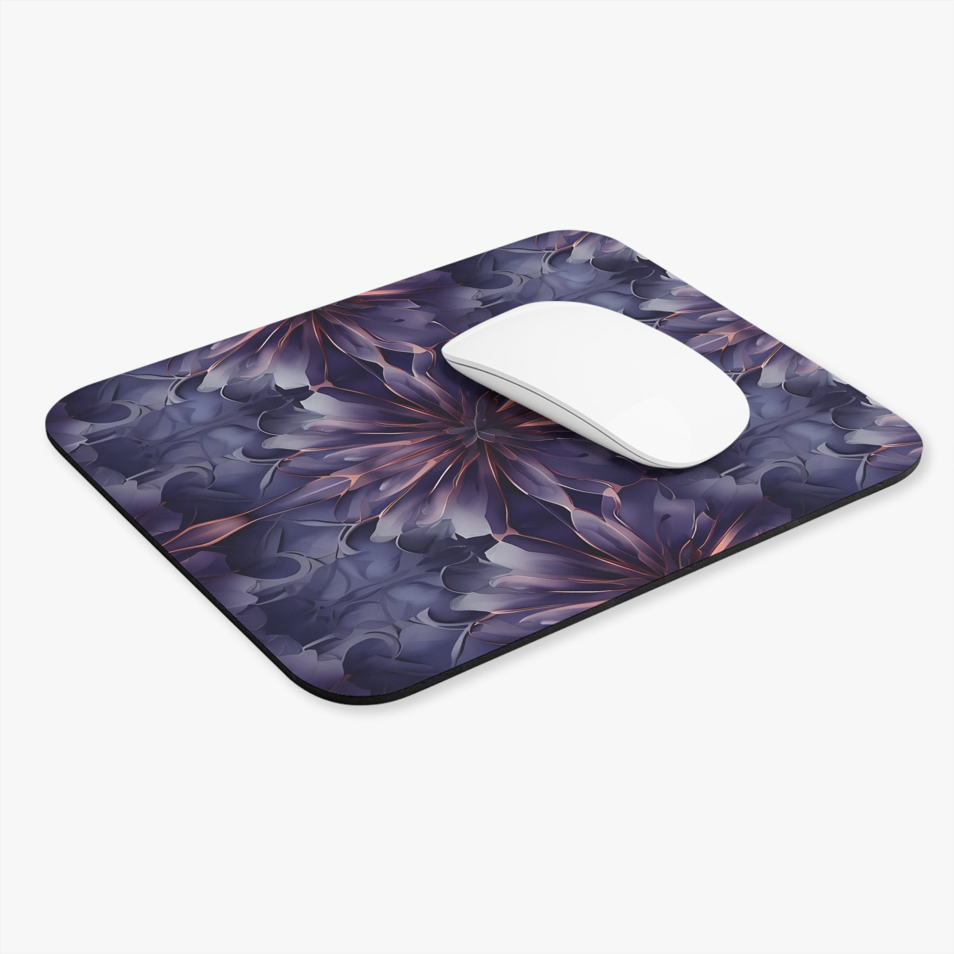 Twilight Tapestry mouse pad in workspace with mouse showing deep purple floral artwork