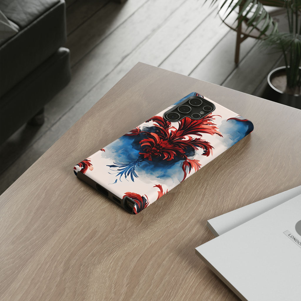 Crimson Plume - Bold Artistic Feather Samsung Galaxy S22 Ultra Tough Phone Case - Dramatic Red & Blue Design