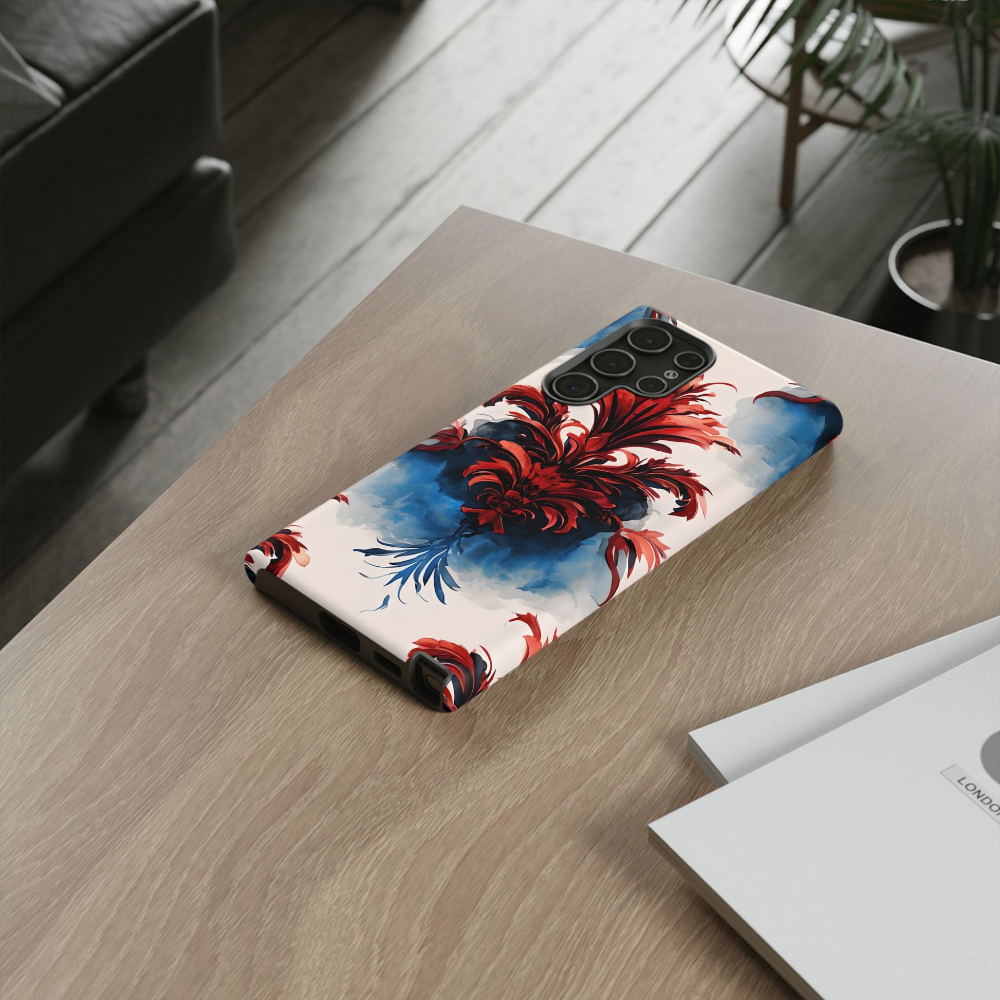 Crimson Plume - Bold Artistic Feather Samsung Galaxy S22 Ultra Tough Phone Case - Dramatic Red & Blue Design