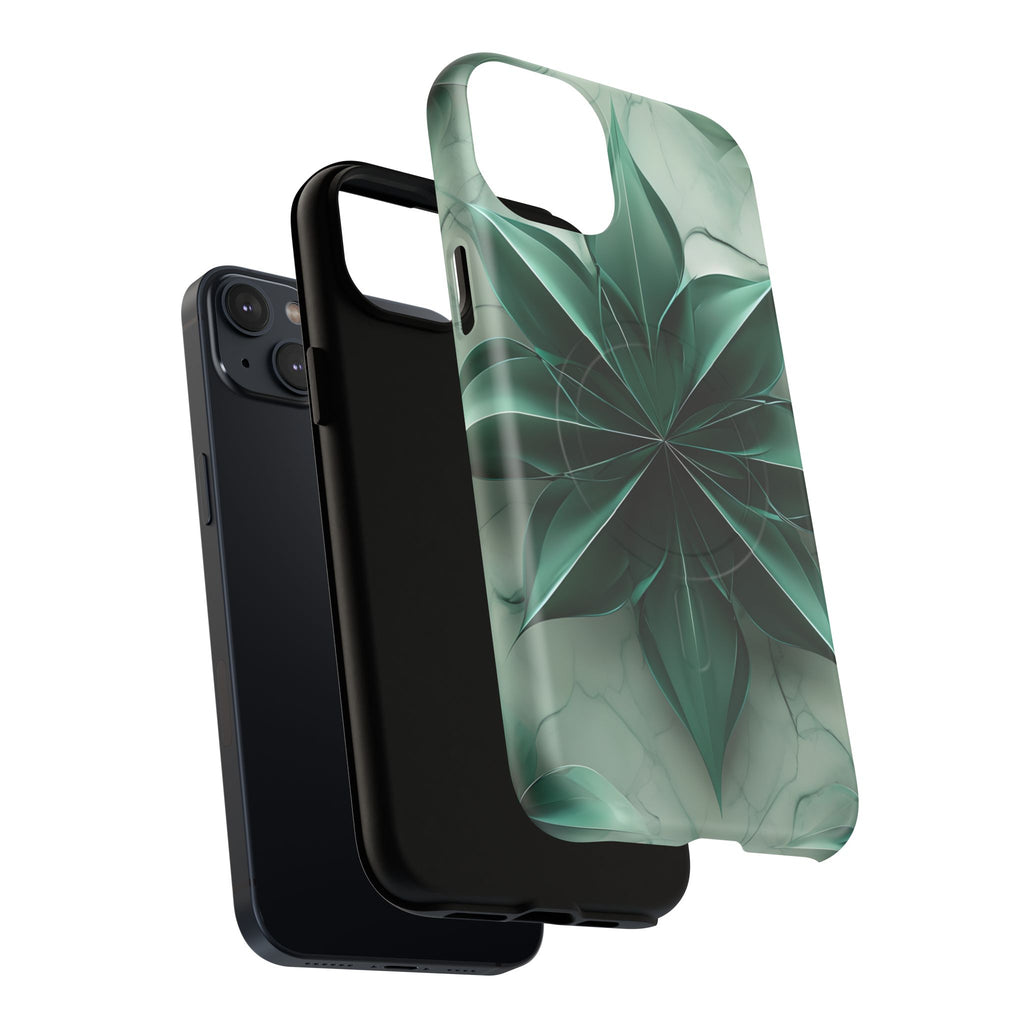 Emerald Bloom iPhone 14 Plus MagSafe Phone Case -Modern Symmetrical Floral Design, Green