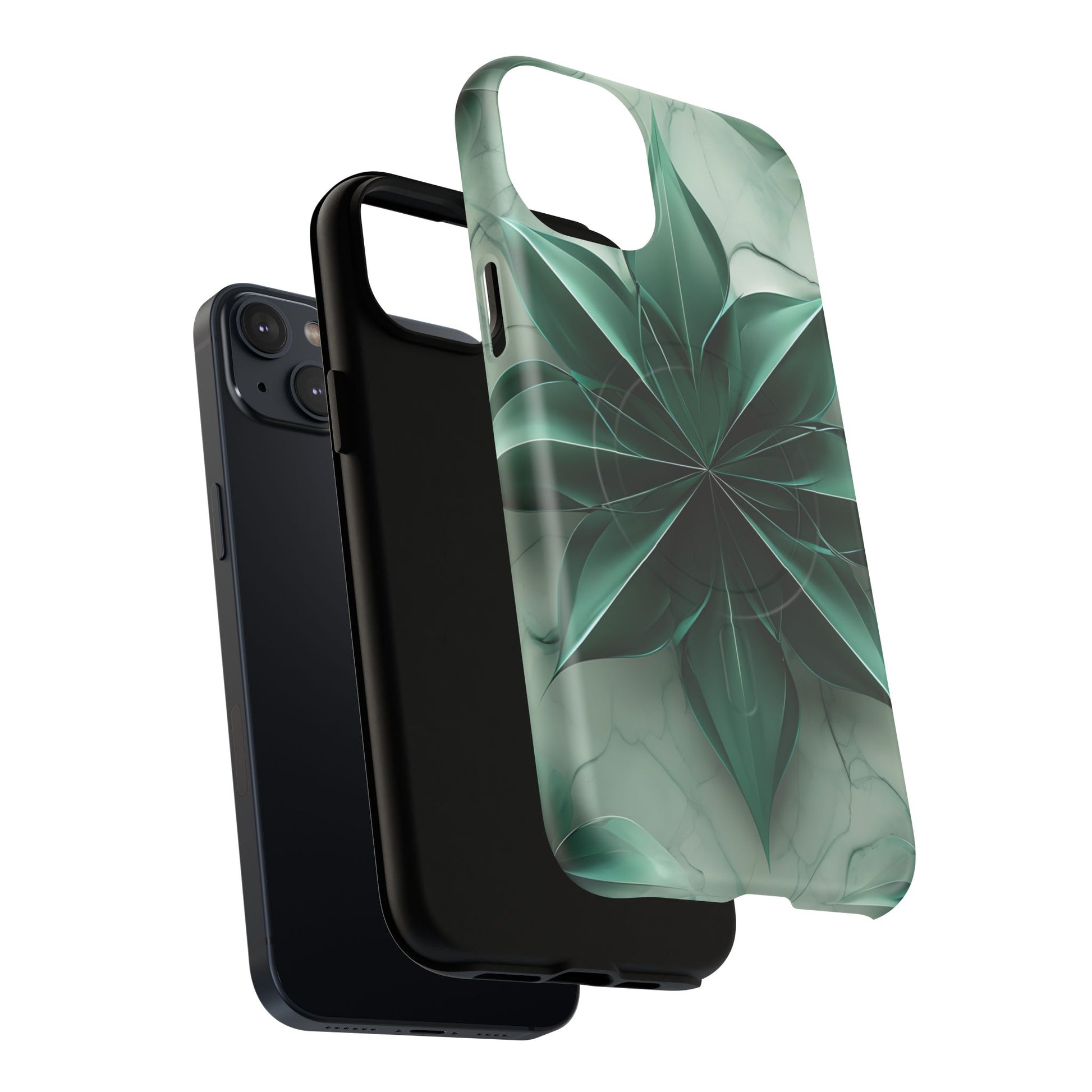 Emerald Bloom iPhone 14 Plus MagSafe Phone Case -Modern Symmetrical Floral Design, Green