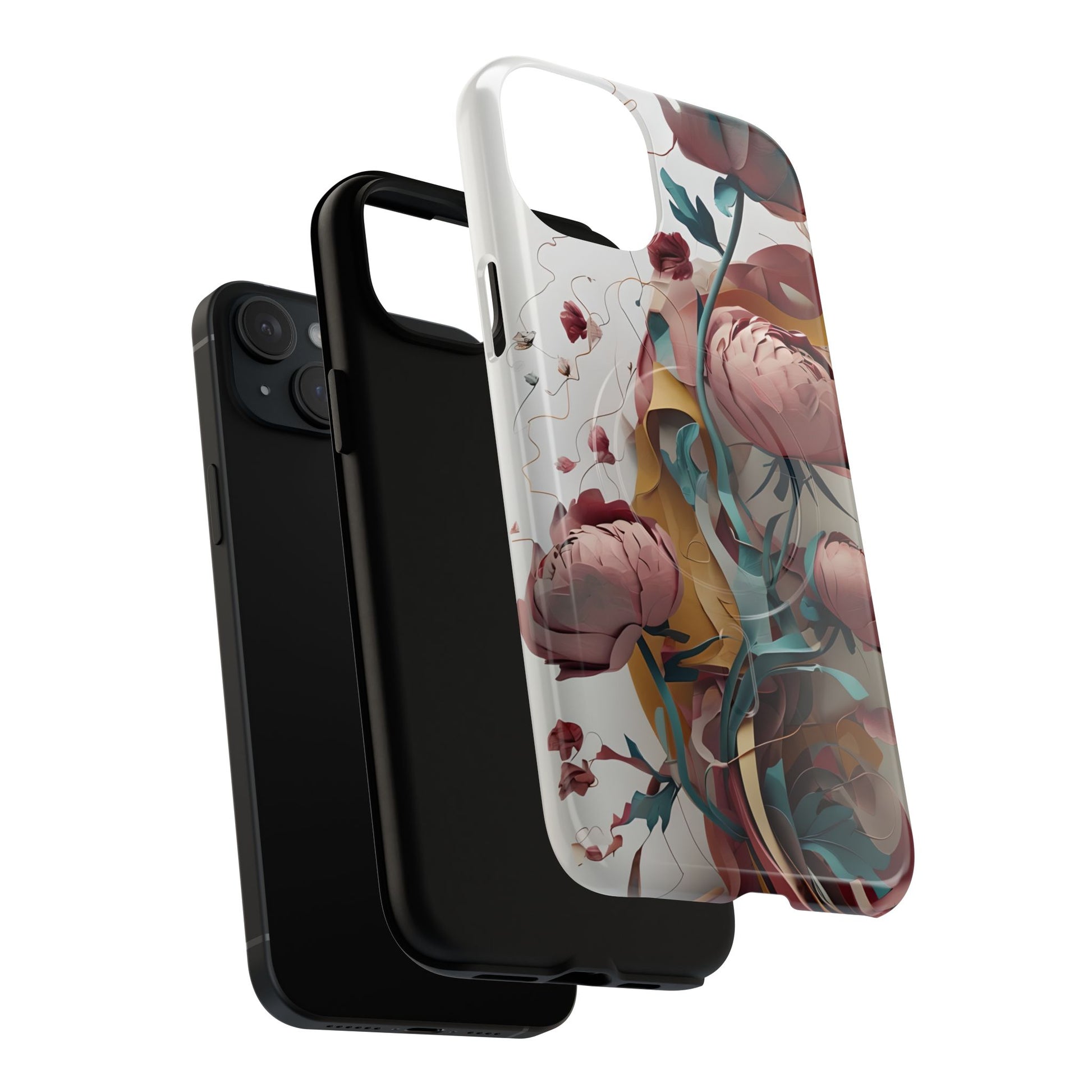 Blushing Peony Veil - Elegant Painterly Floral iPhone 15 Plus MagSafe Phone Case - Soft Blush & Teal Peony Design