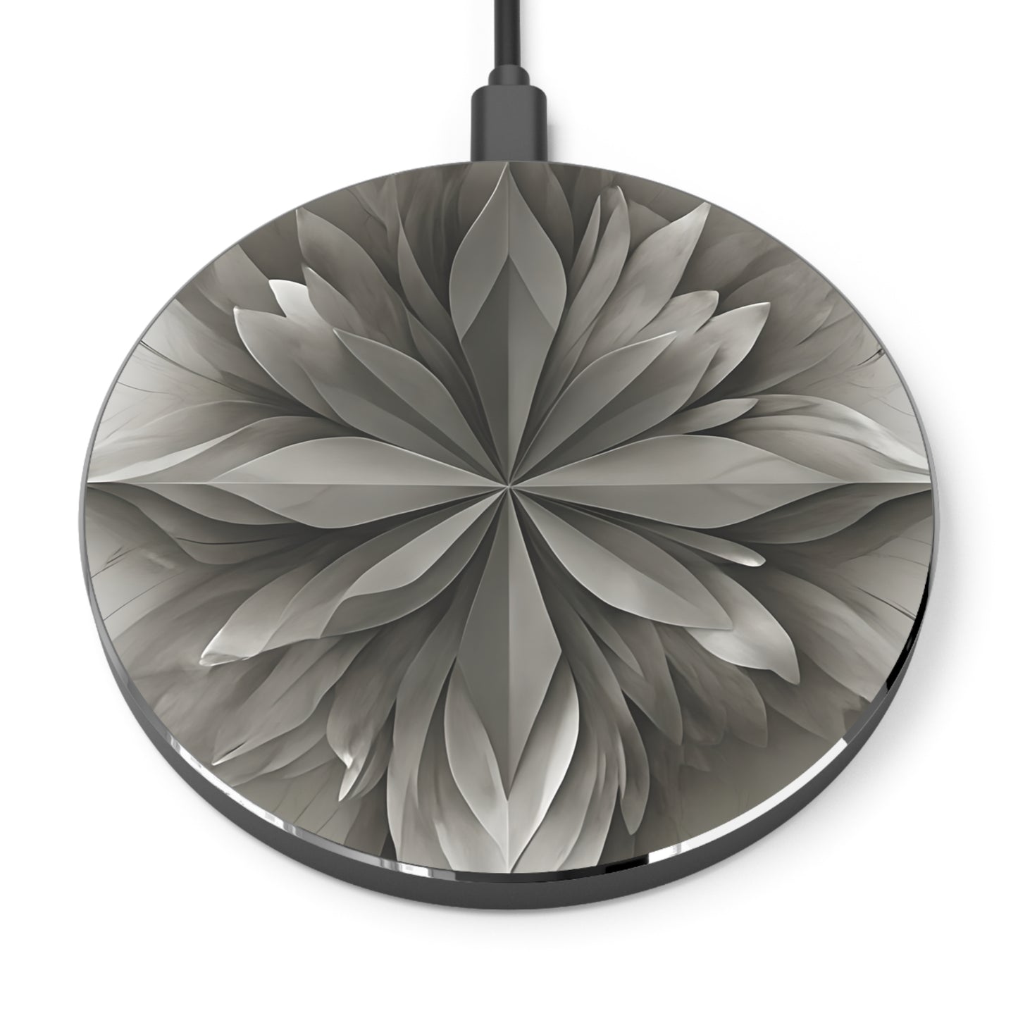 Silver Lotus gray floral mandala decorative Qi wireless charger with metallic lotus flower design