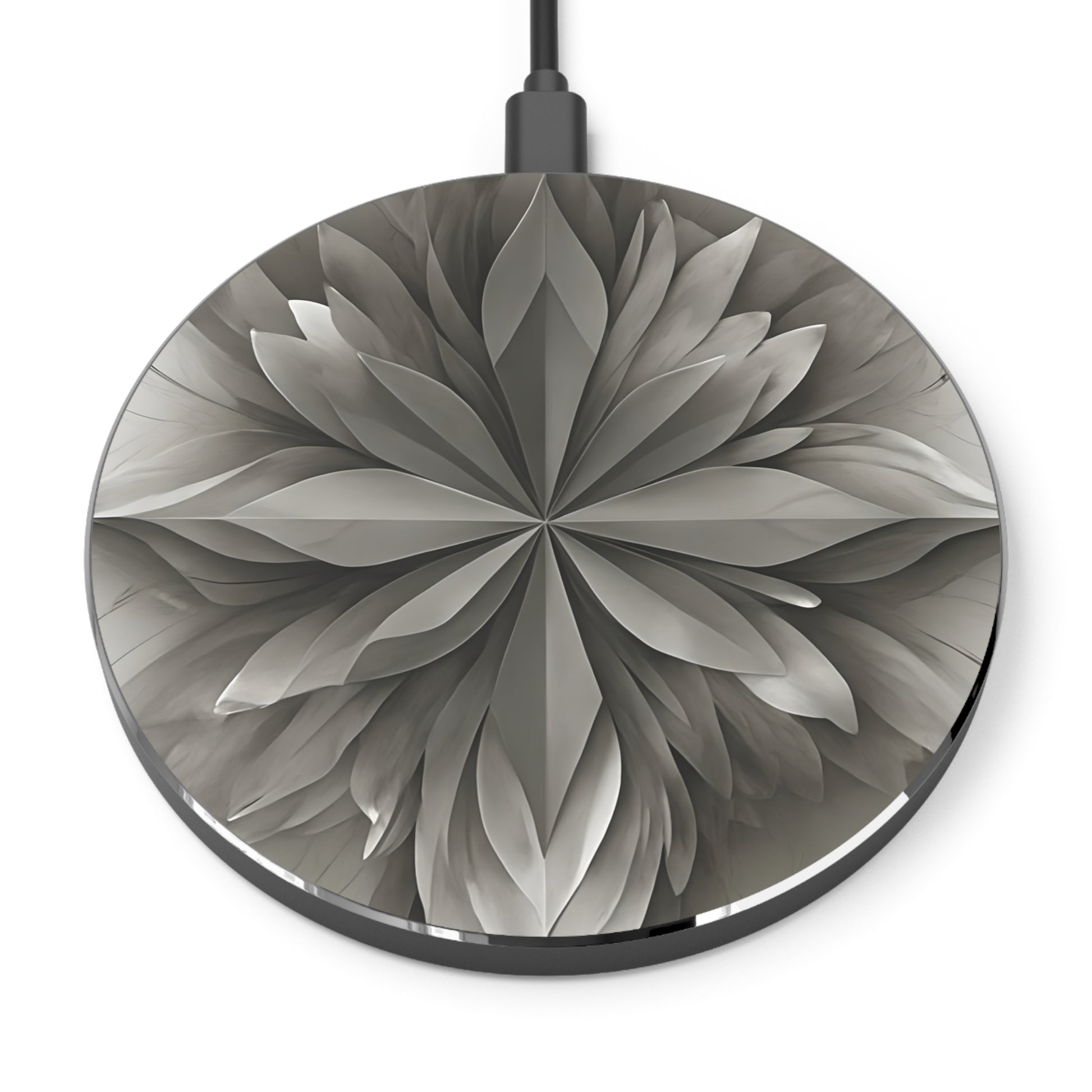 Silver Lotus gray floral mandala decorative Qi wireless charger with metallic lotus flower design