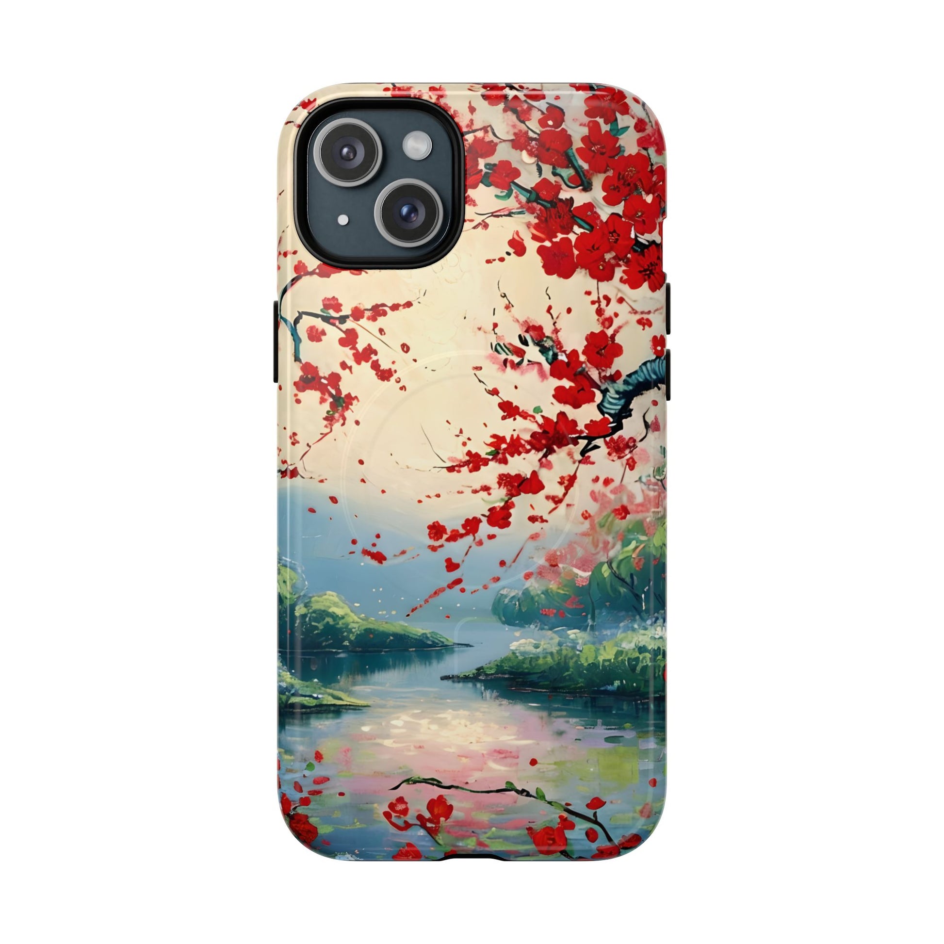 Crimson Blossom Lake - Artistic Floral Landscape iPhone 15 Plus MagSafe Phone Case - Red Cherry Blossoms & Serene Lake Design