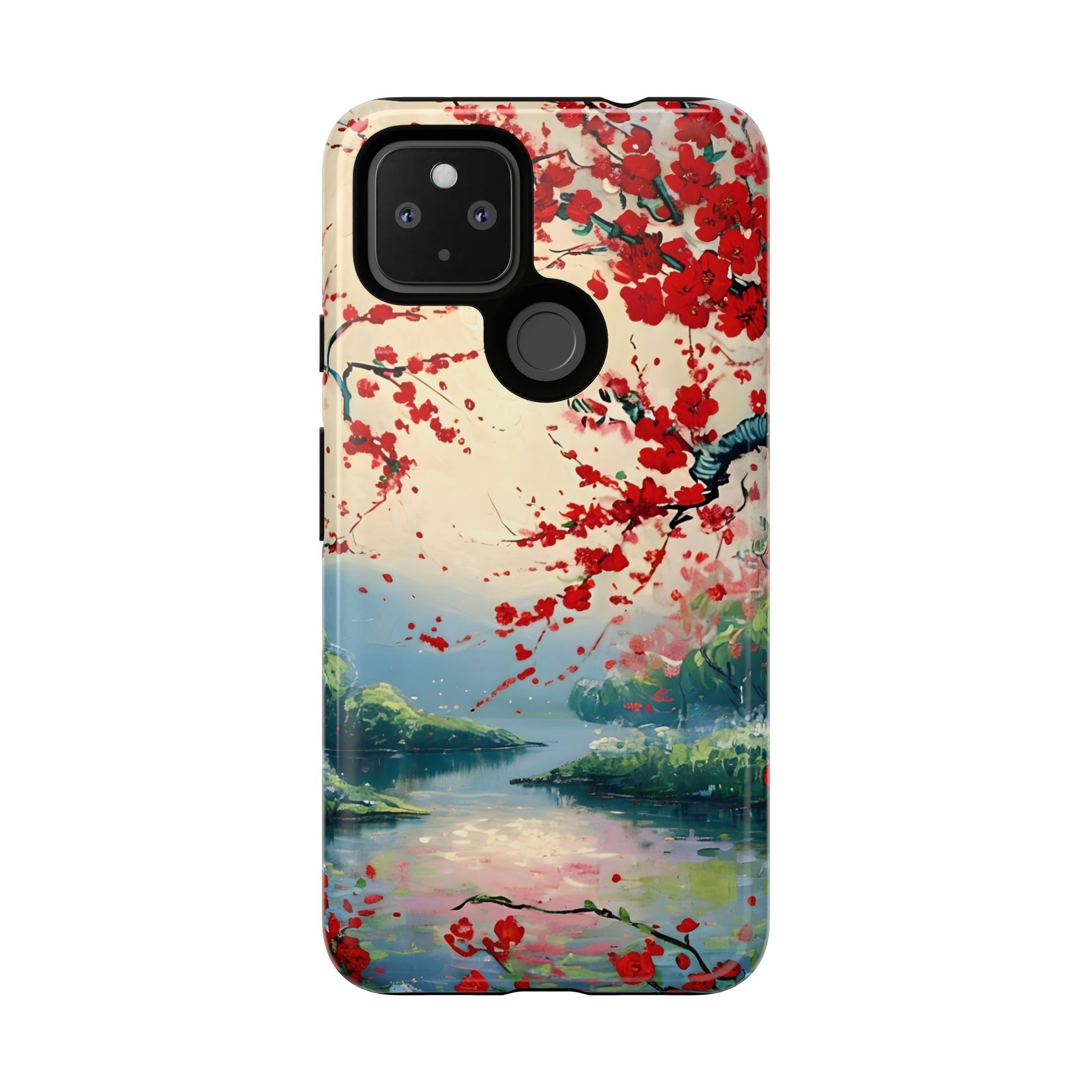Crimson Blossom Lake - Artistic Floral Landscape Google Pixel 4a 5G Tough Phone Case - Red Cherry Blossoms & Serene Lake Design
