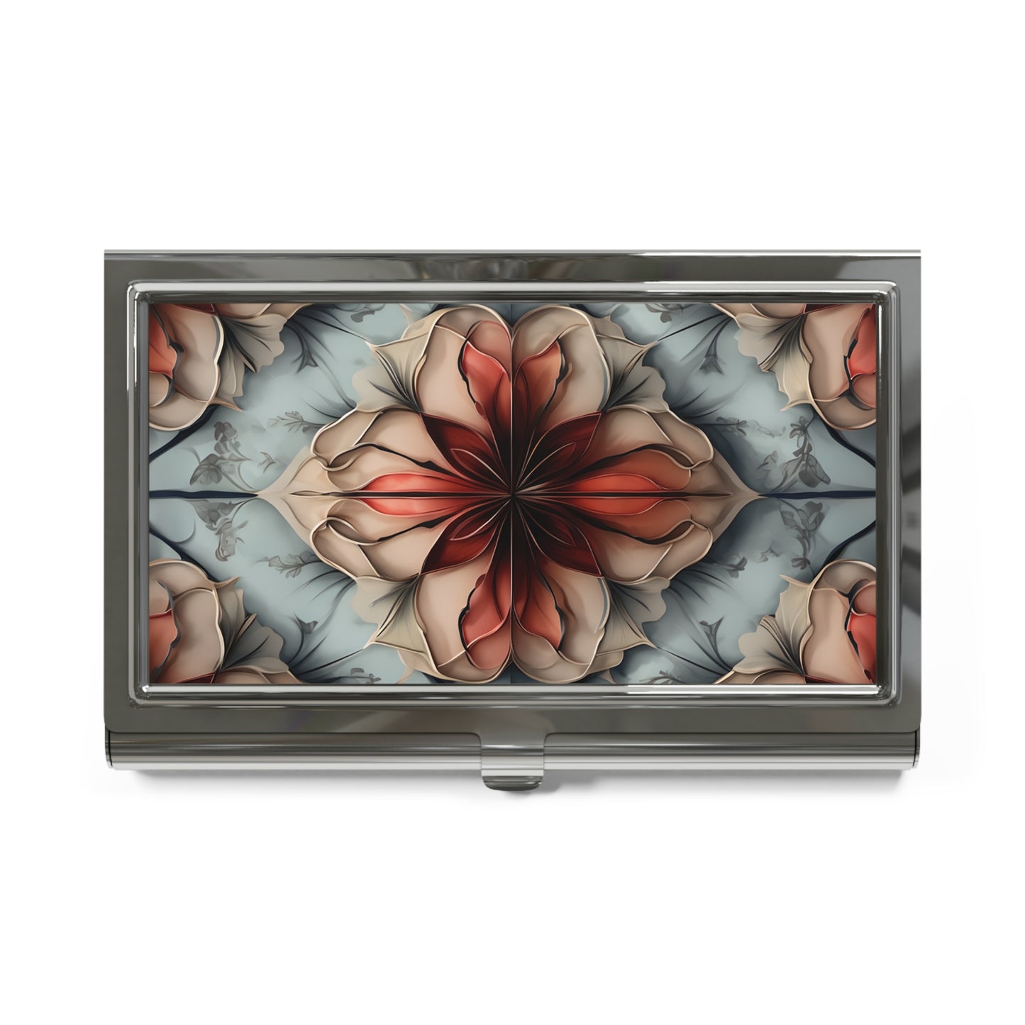 Ember Bloom warm red and cream floral pattern business card holder closed top view