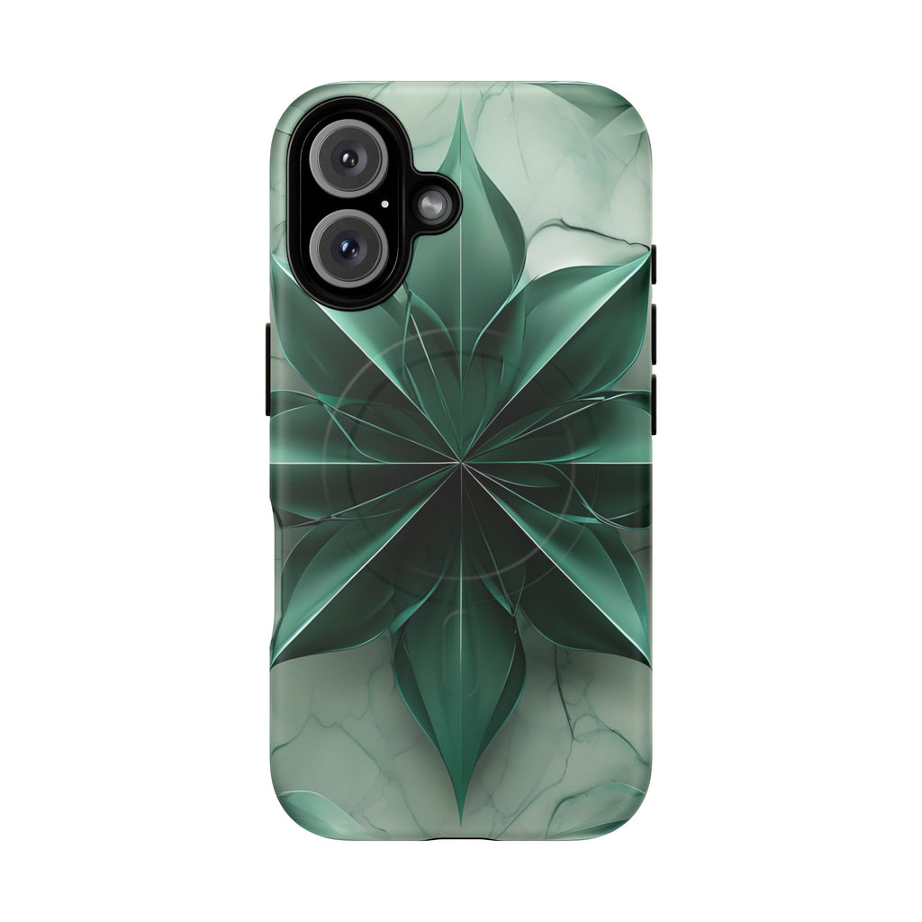 Emerald Bloom iPhone 16 MagSafe Phone Case -Modern Symmetrical Floral Design, Green
