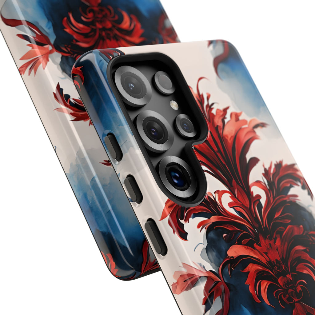 Crimson Plume - Bold Artistic Feather Samsung Galaxy S25 Ultra Tough Phone Case - Dramatic Red & Blue Design