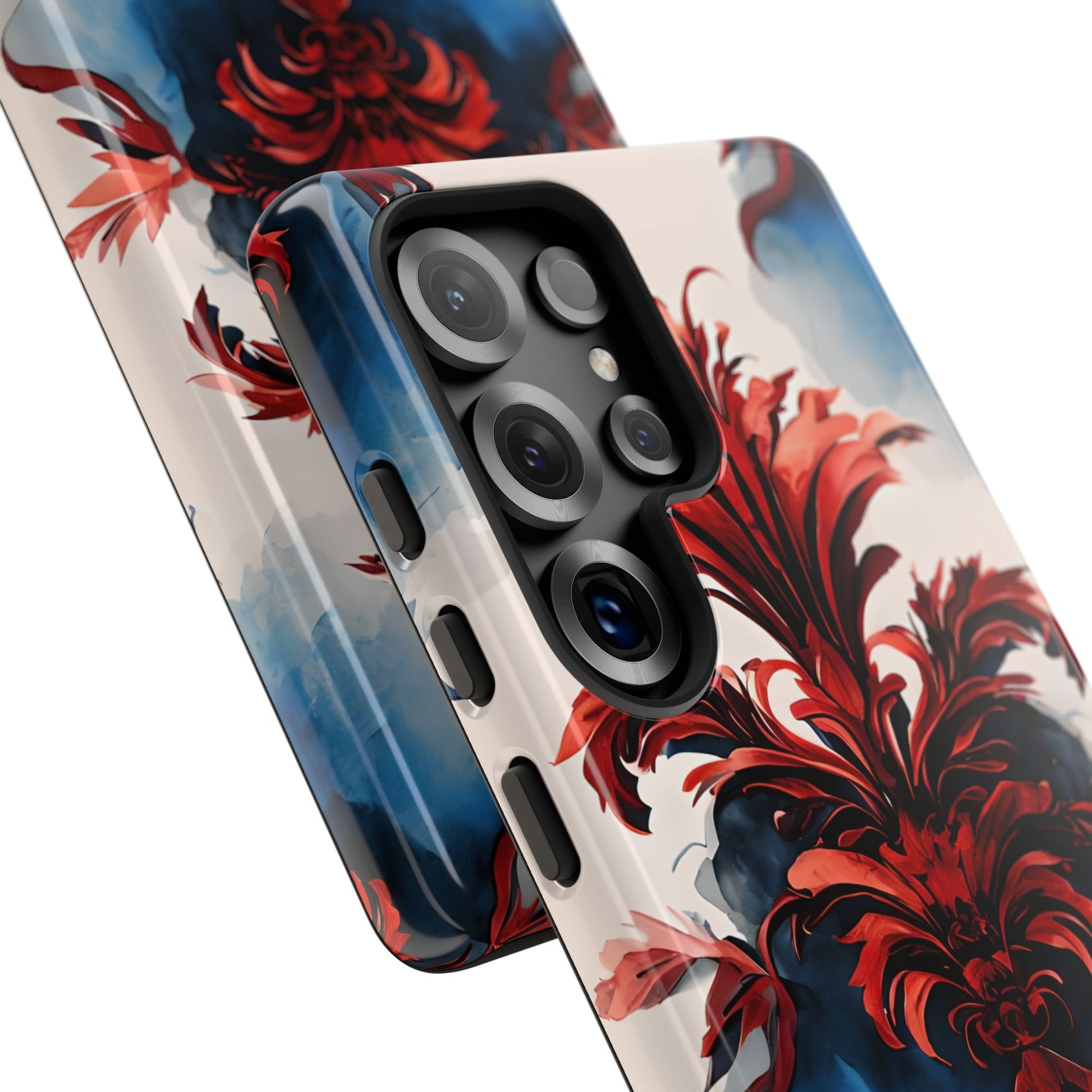 Crimson Plume - Bold Artistic Feather Samsung Galaxy S25 Ultra Tough Phone Case - Dramatic Red & Blue Design