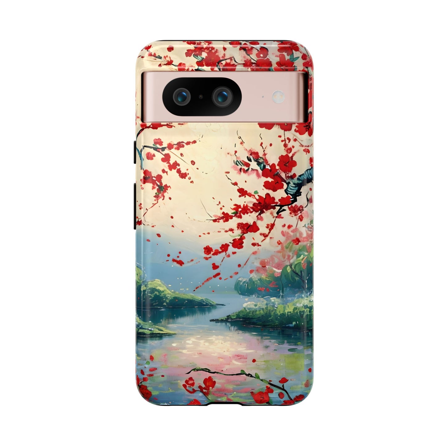 Crimson Blossom Lake - Artistic Floral Landscape Google Pixel 6 Tough Phone Case - Red Cherry Blossoms & Serene Lake Design