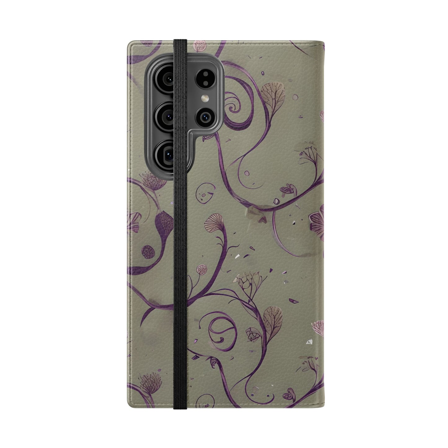 Twilight Thistle Bloom Samsung Galaxy wallet flip phone case showing purple thistle vine design on folio cover