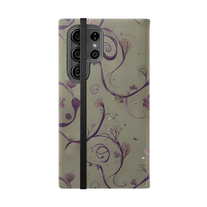 Twilight Thistle Bloom Samsung Galaxy wallet flip phone case showing purple thistle vine design on folio cover