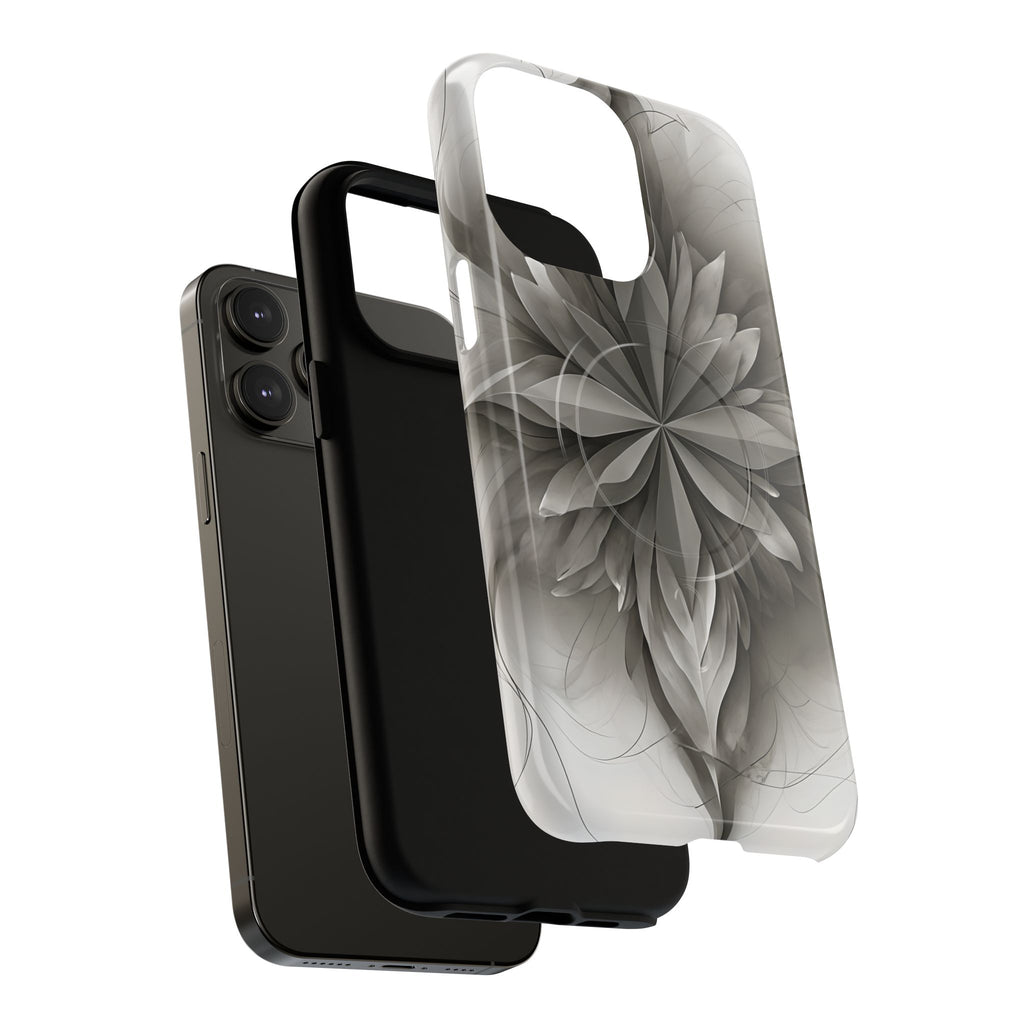 Silver Lotus - Elegant Monochrome Floral iPhone 14 Pro Max MagSafe Phone Case - Modern Lotus Design