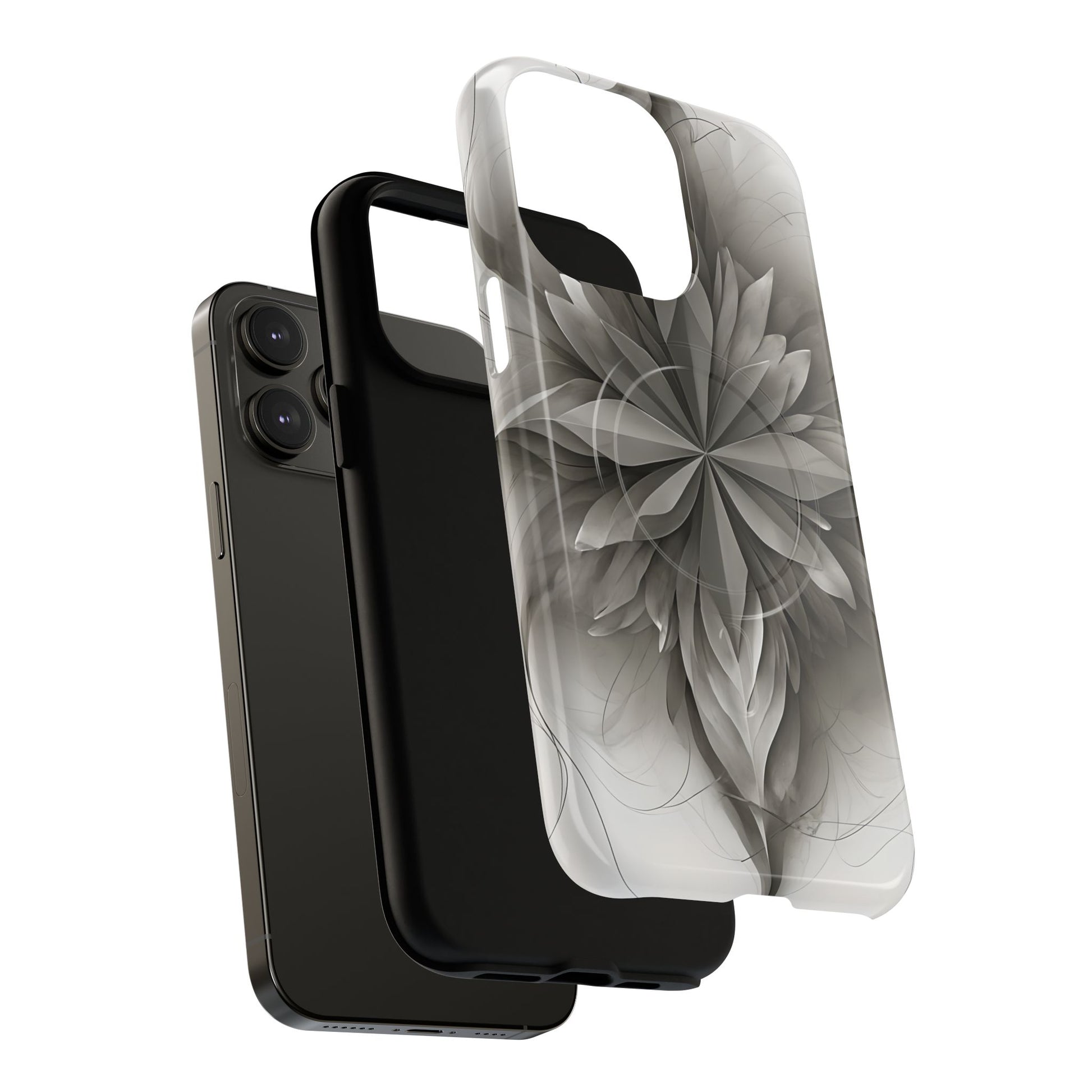 Silver Lotus - Elegant Monochrome Floral iPhone 14 Pro Max MagSafe Phone Case - Modern Lotus Design